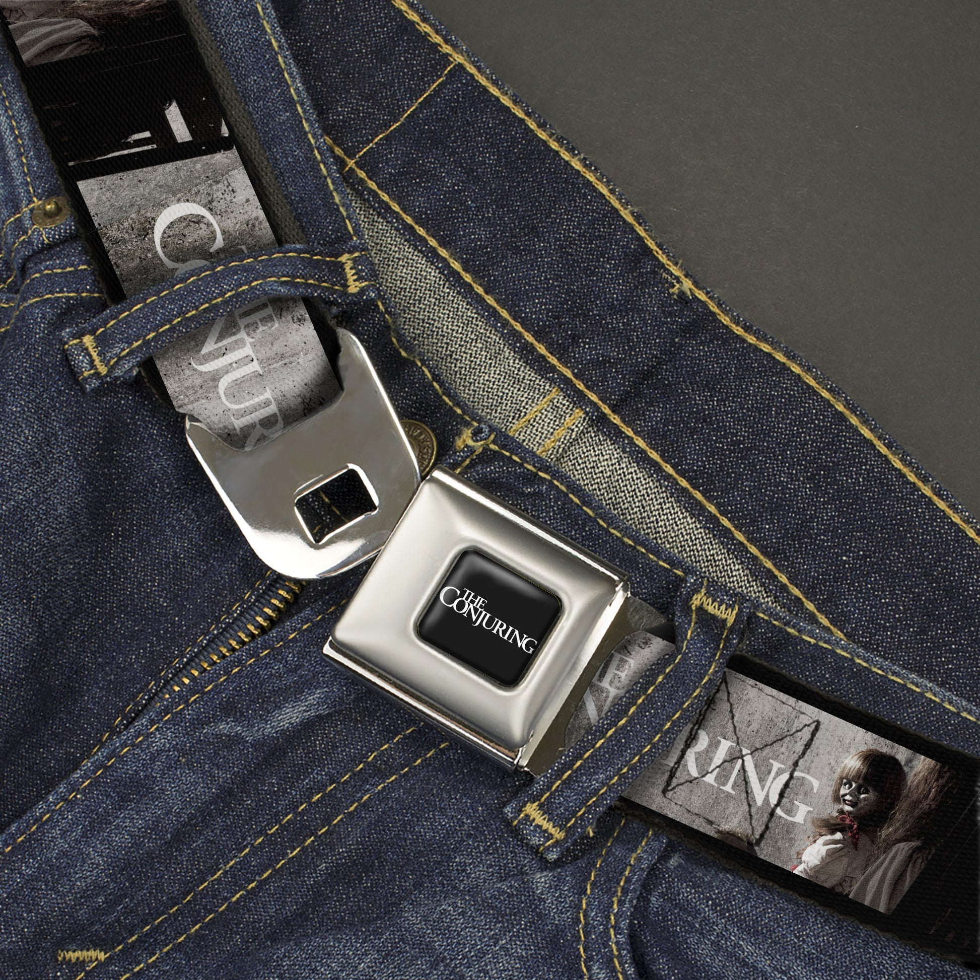 THE CONJURING Title Logo Full Color Black/White Seatbelt Belt - THE CONJURING Annabelle Scene and Title Logo Webbing Seatbelt Belts The Conjuring