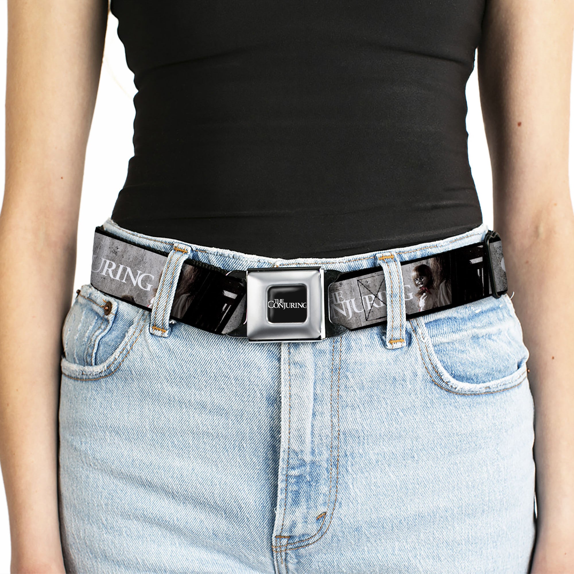 THE CONJURING Title Logo Full Color Black/White Seatbelt Belt - THE CONJURING Annabelle Scene and Title Logo Webbing Seatbelt Belts The Conjuring