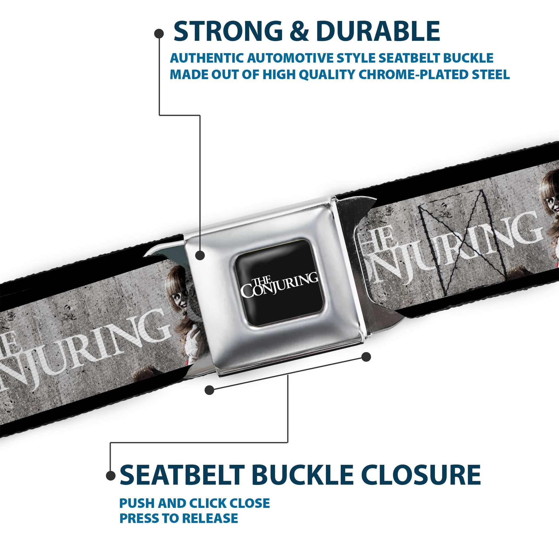 THE CONJURING Title Logo Full Color Black/White Seatbelt Belt - THE CONJURING Annabelle Scene and Title Logo Webbing Seatbelt Belts The Conjuring