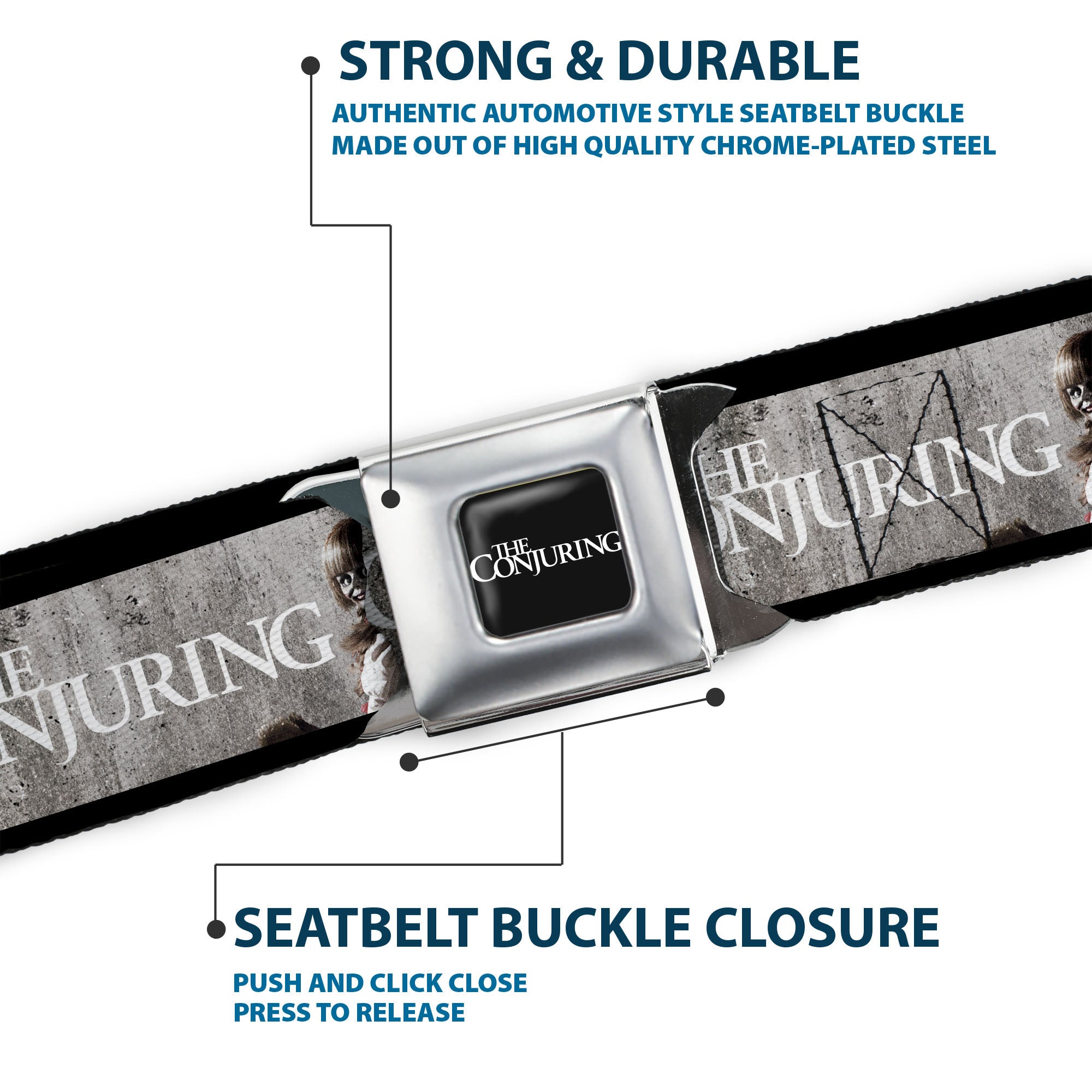 THE CONJURING Title Logo Full Color Black/White Seatbelt Belt - THE CONJURING Annabelle Scene and Title Logo Webbing Seatbelt Belts The Conjuring