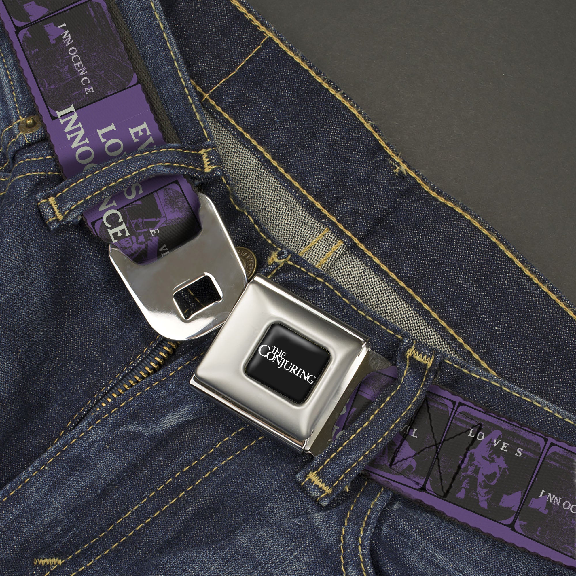 THE CONJURING Title Logo Full Color Black/White Seatbelt Belt - The Conjuring EVIL LOVES INNOCENSE Pose Blocks Purple/Black Webbing Seatbelt Belts The Conjuring