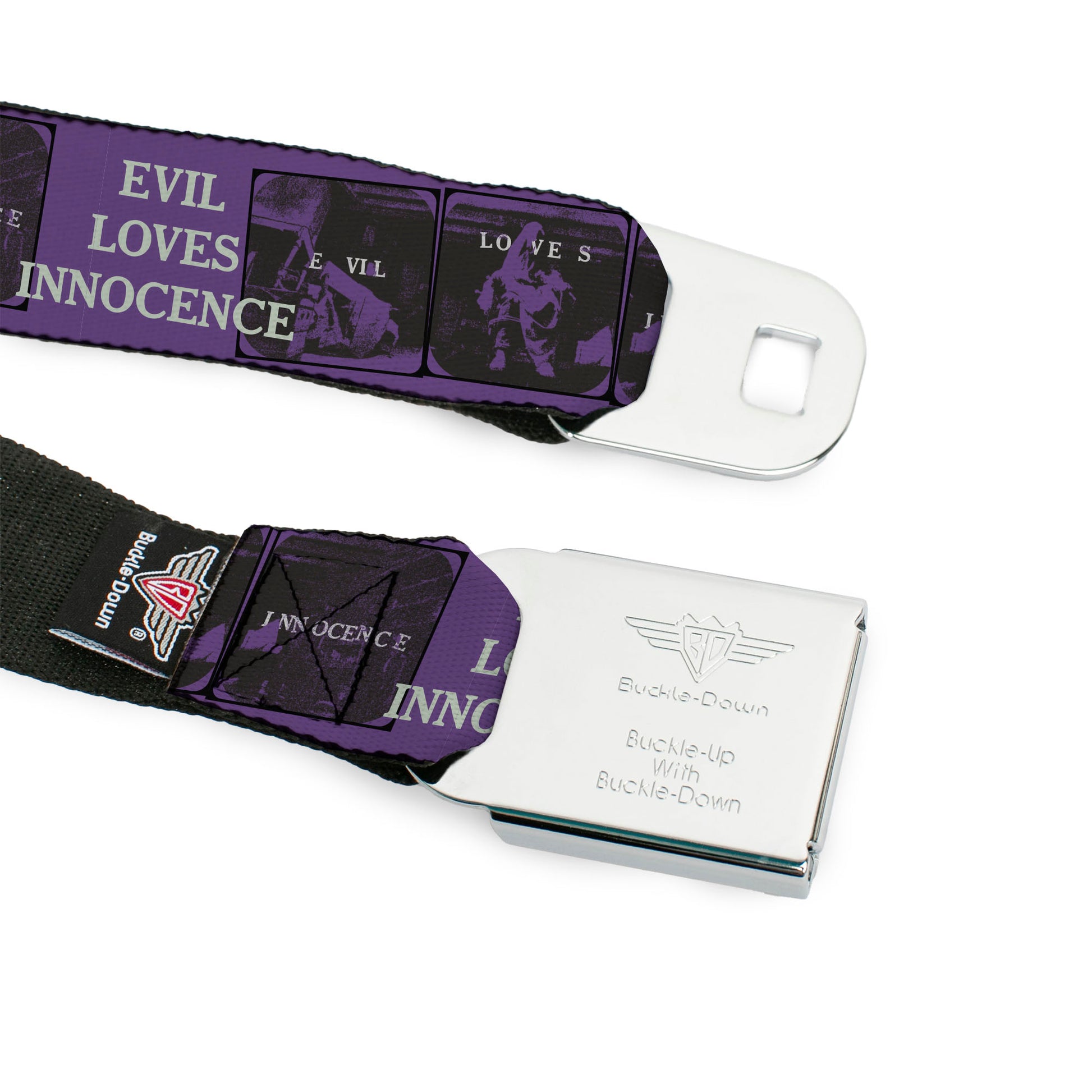 THE CONJURING Title Logo Full Color Black/White Seatbelt Belt - The Conjuring EVIL LOVES INNOCENSE Pose Blocks Purple/Black Webbing Seatbelt Belts The Conjuring