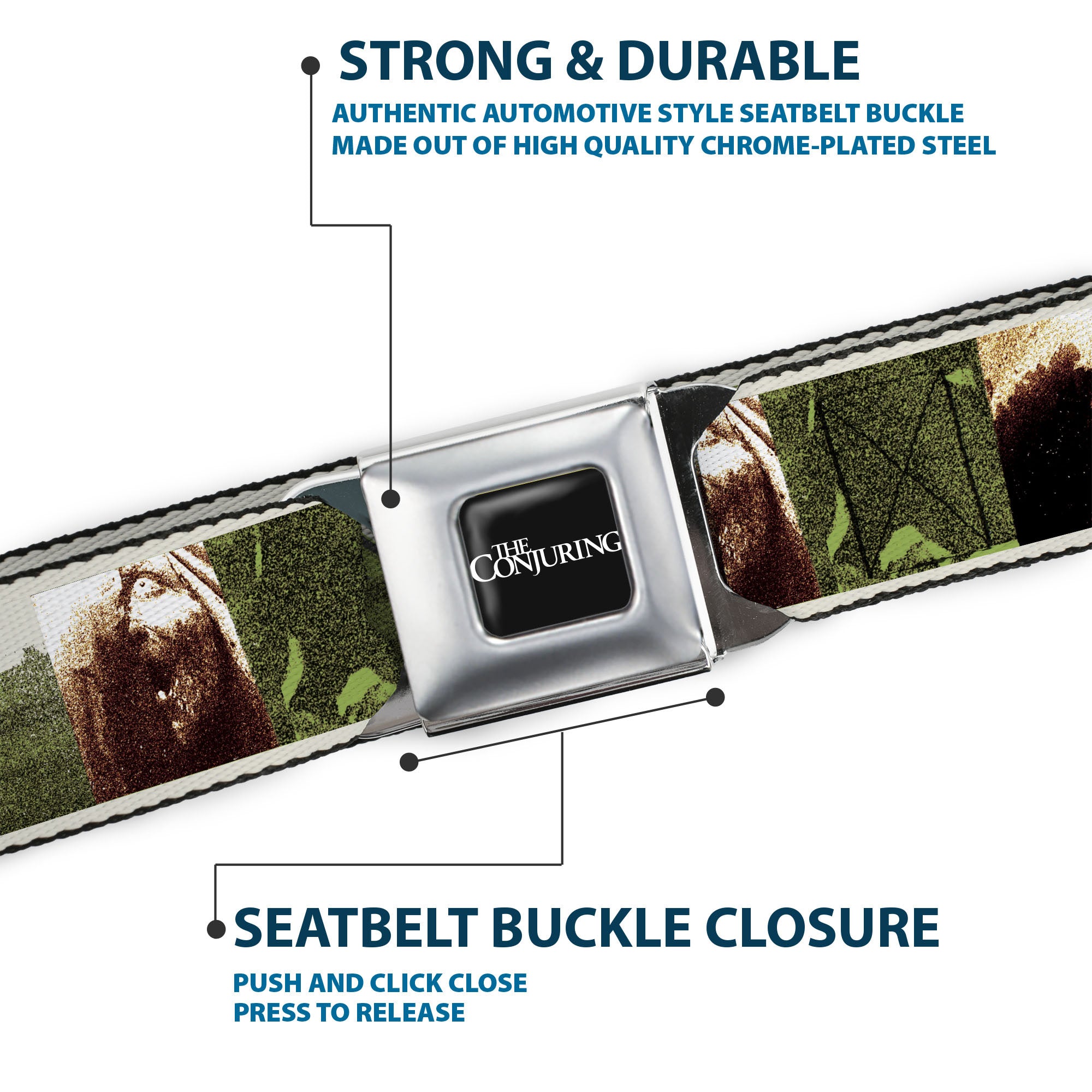 THE CONJURING Title Logo Full Color Black/White Seatbelt Belt - THE CONJURING Possession Scenes and Title Logo Webbing Seatbelt Belts The Conjuring