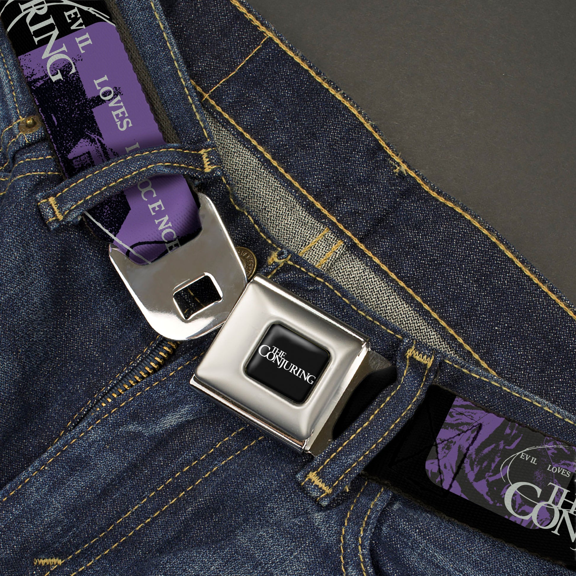 THE CONJURING Title Logo Full Color Black/White Seatbelt Belt - THE CONJURING EVIL LOVES INNOCENCE Purple/Black Webbing Seatbelt Belts The Conjuring