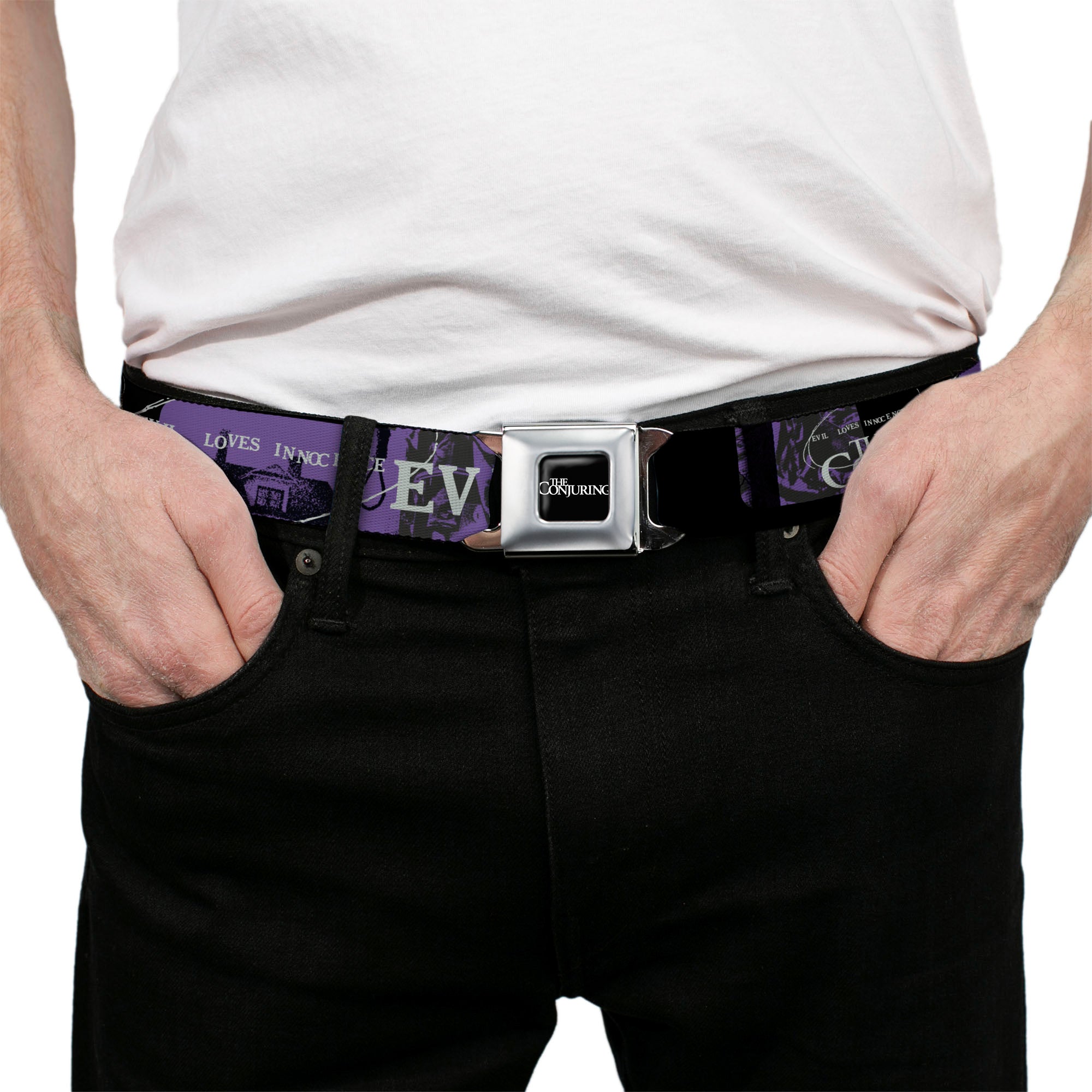 THE CONJURING Title Logo Full Color Black/White Seatbelt Belt - THE CONJURING EVIL LOVES INNOCENCE Purple/Black Webbing Seatbelt Belts The Conjuring