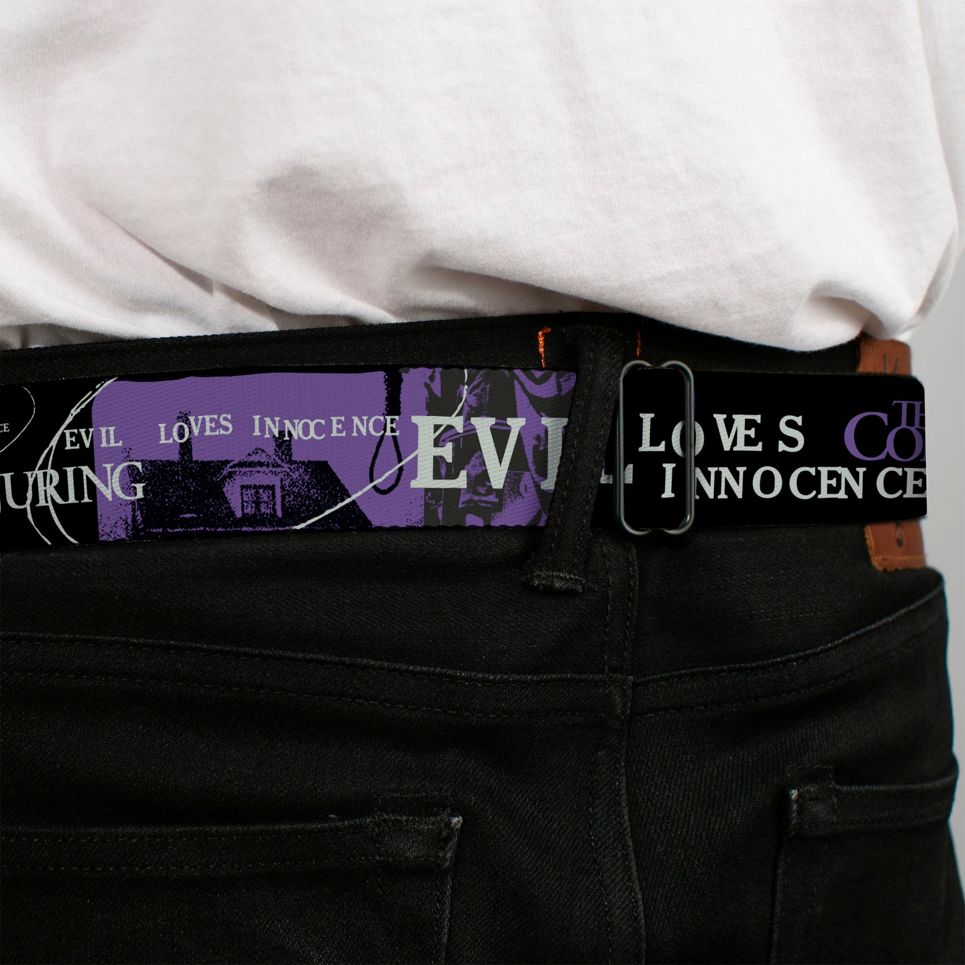 THE CONJURING Title Logo Full Color Black/White Seatbelt Belt - THE CONJURING EVIL LOVES INNOCENCE Purple/Black Webbing Seatbelt Belts The Conjuring