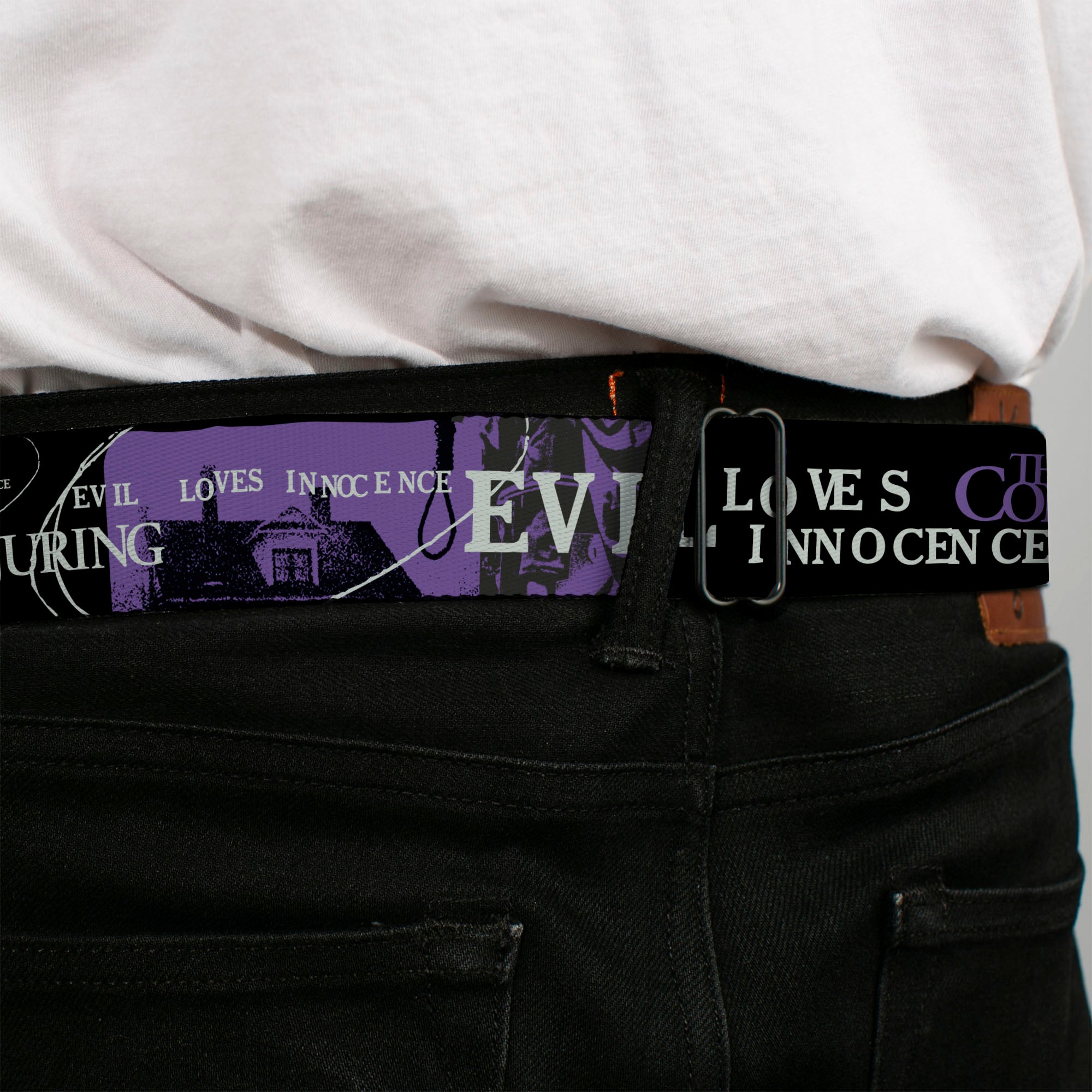 THE CONJURING Title Logo Full Color Black/White Seatbelt Belt - THE CONJURING EVIL LOVES INNOCENCE Purple/Black Webbing Seatbelt Belts The Conjuring