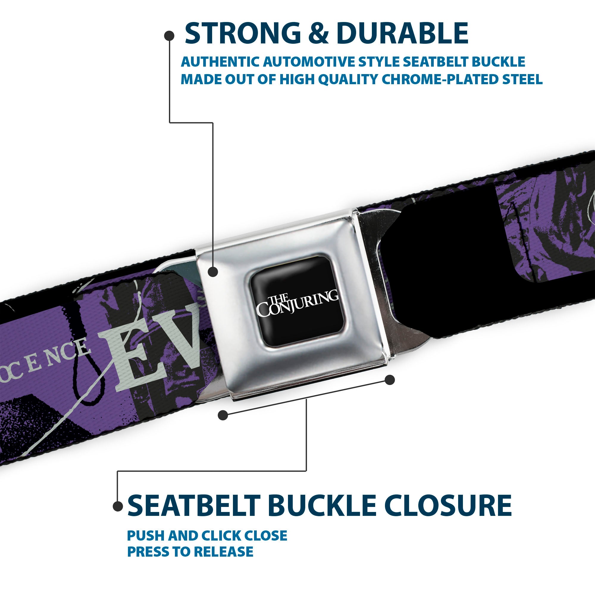 THE CONJURING Title Logo Full Color Black/White Seatbelt Belt - THE CONJURING EVIL LOVES INNOCENCE Purple/Black Webbing Seatbelt Belts The Conjuring