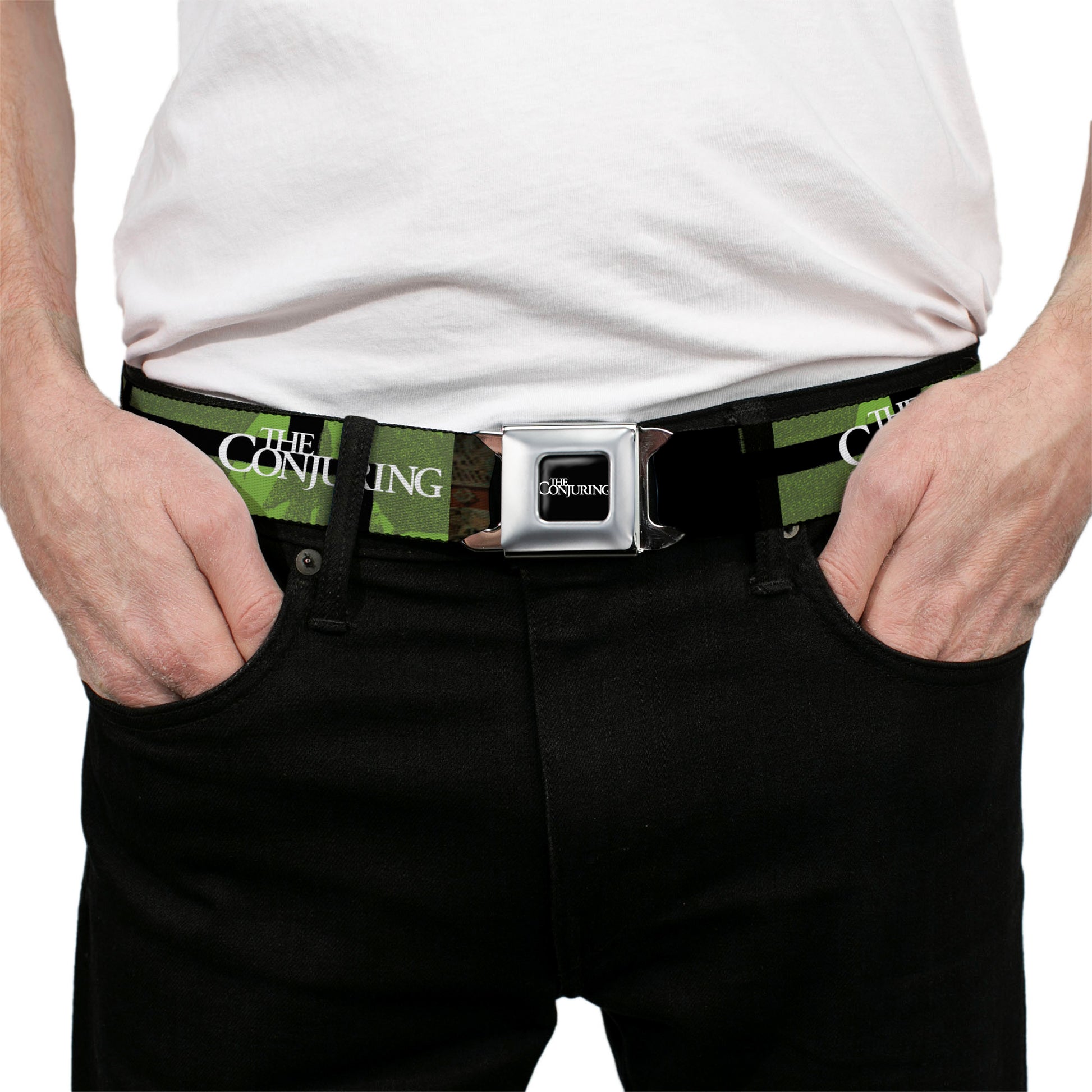 THE CONJURING Title Logo Full Color Black/White Seatbelt Belt - THE CONJURING Annabelle Pose and Blocks Black/Greens/Red Webbing Seatbelt Belts The Conjuring