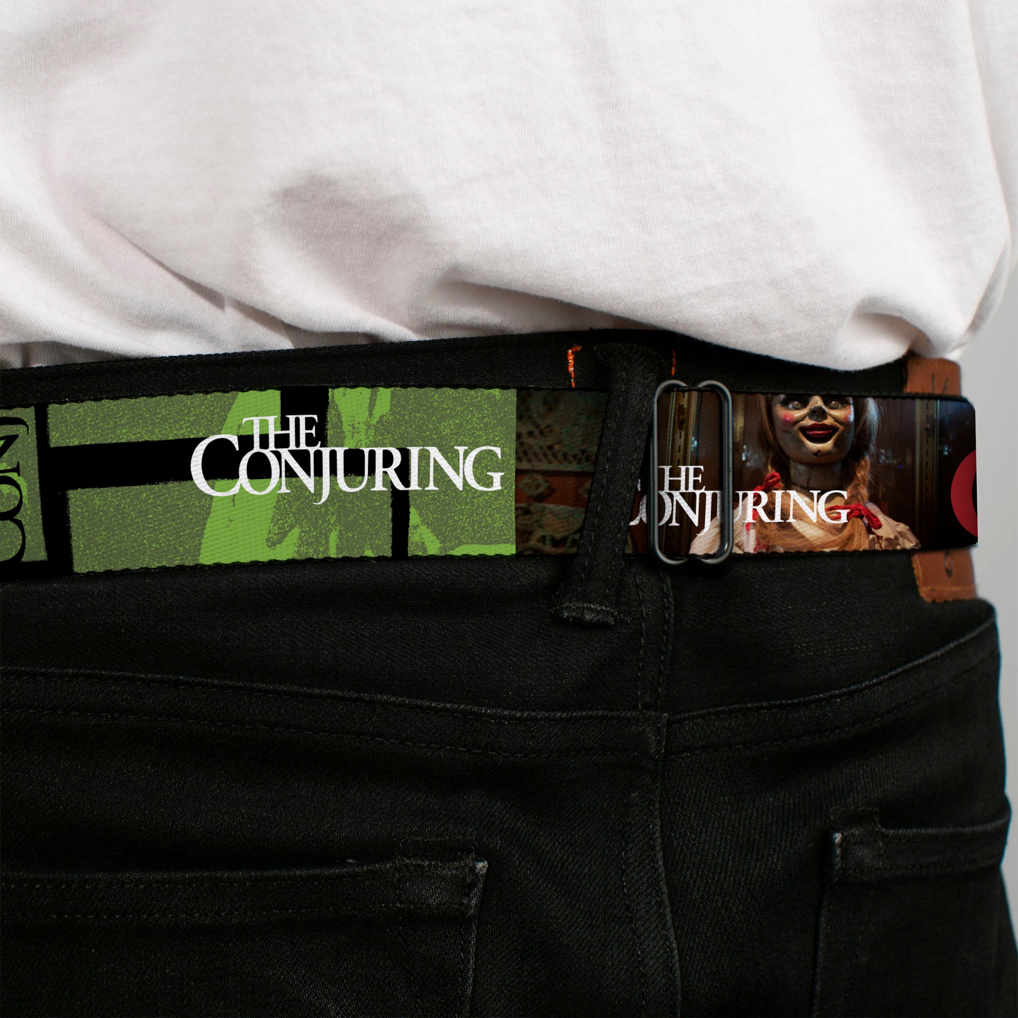 THE CONJURING Title Logo Full Color Black/White Seatbelt Belt - THE CONJURING Annabelle Pose and Blocks Black/Greens/Red Webbing Seatbelt Belts The Conjuring