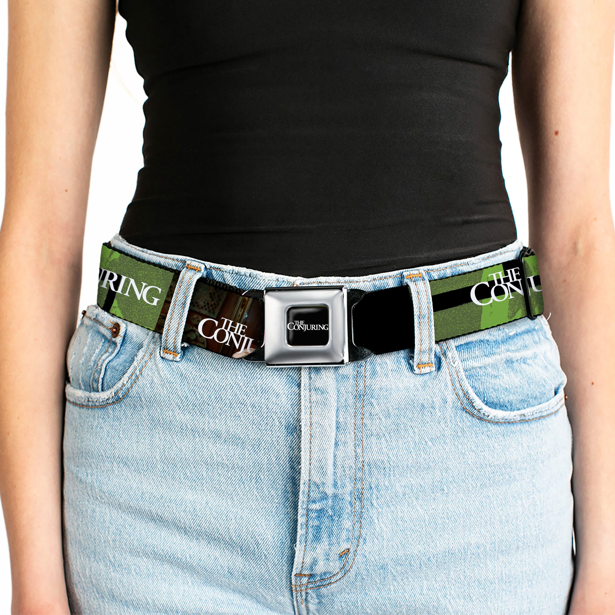 THE CONJURING Title Logo Full Color Black/White Seatbelt Belt - THE CONJURING Annabelle Pose and Blocks Black/Greens/Red Webbing Seatbelt Belts The Conjuring