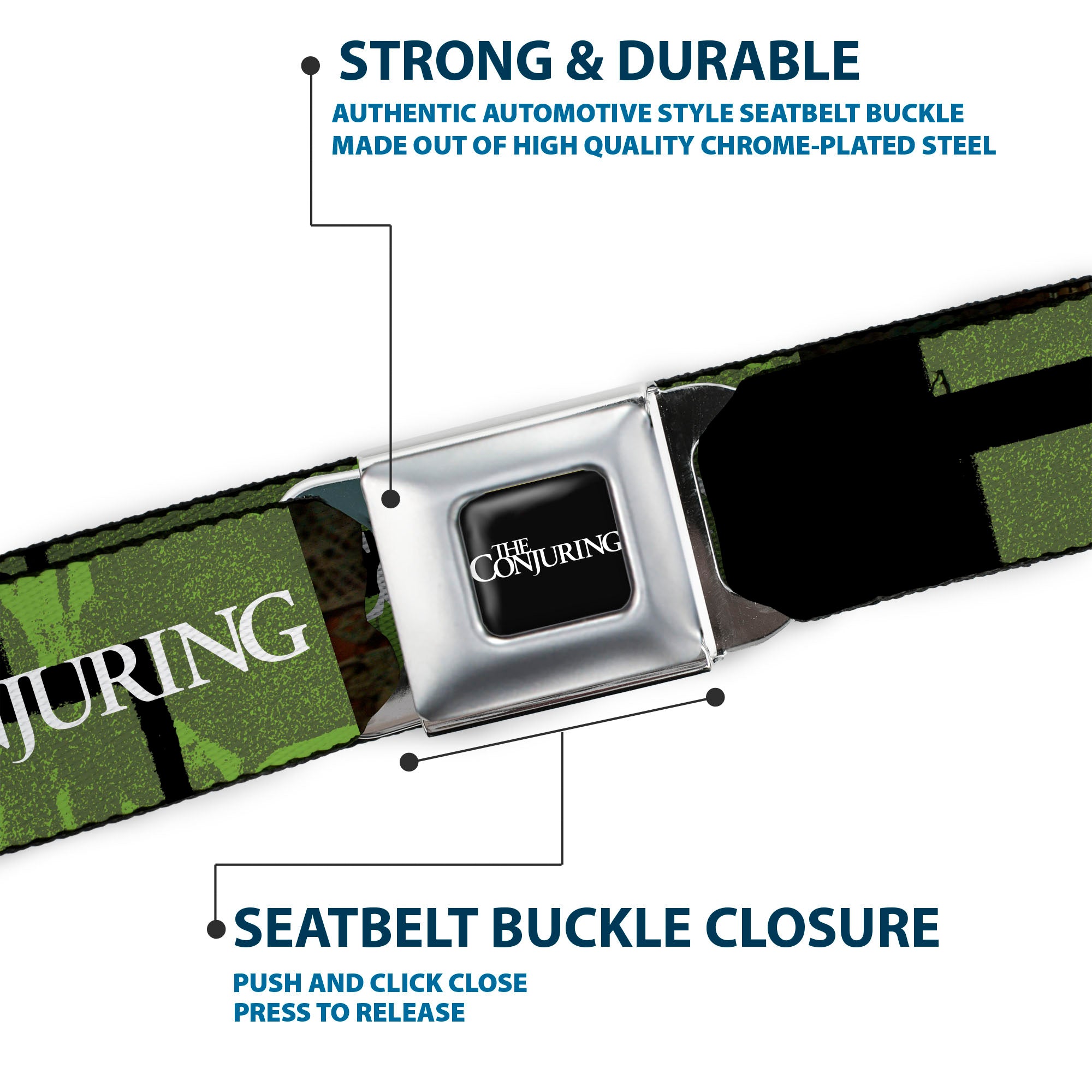 THE CONJURING Title Logo Full Color Black/White Seatbelt Belt - THE CONJURING Annabelle Pose and Blocks Black/Greens/Red Webbing Seatbelt Belts The Conjuring