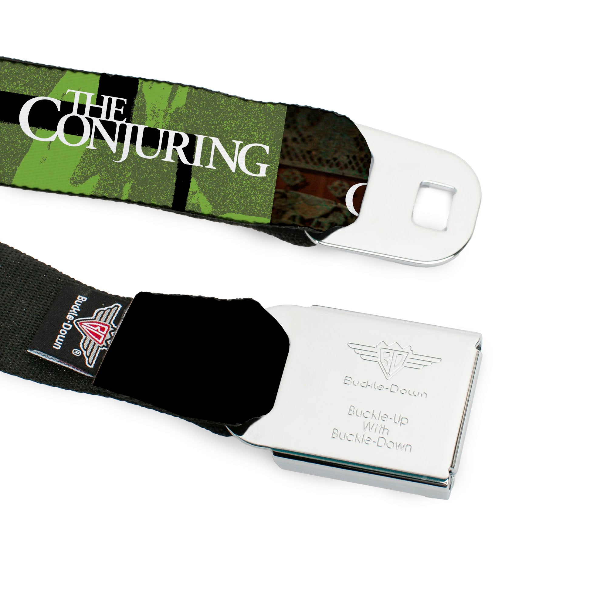 THE CONJURING Title Logo Full Color Black/White Seatbelt Belt - THE CONJURING Annabelle Pose and Blocks Black/Greens/Red Webbing Seatbelt Belts The Conjuring