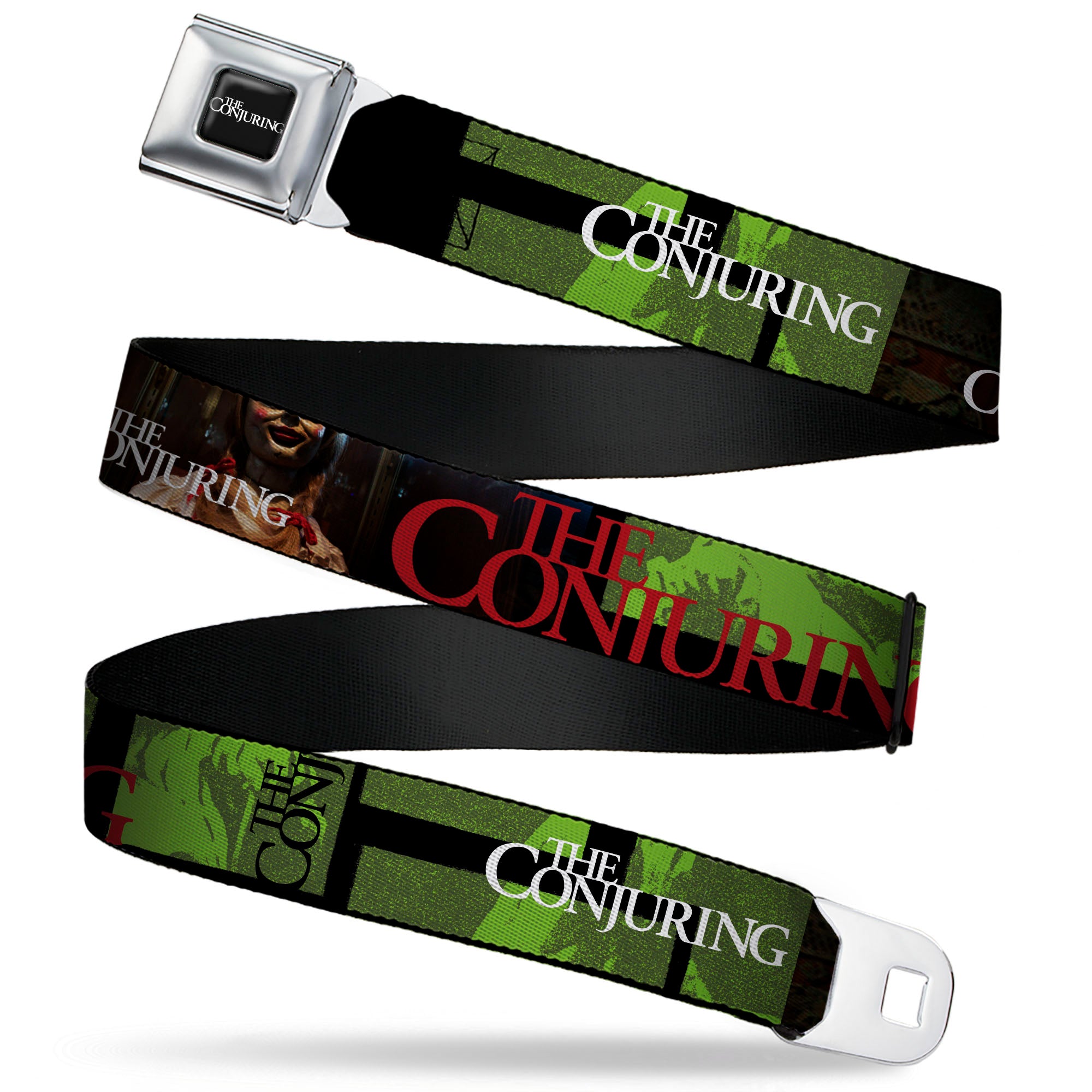 THE CONJURING Title Logo Full Color Black/White Seatbelt Belt - THE CONJURING Annabelle Pose and Blocks Black/Greens/Red Webbing Seatbelt Belts The Conjuring