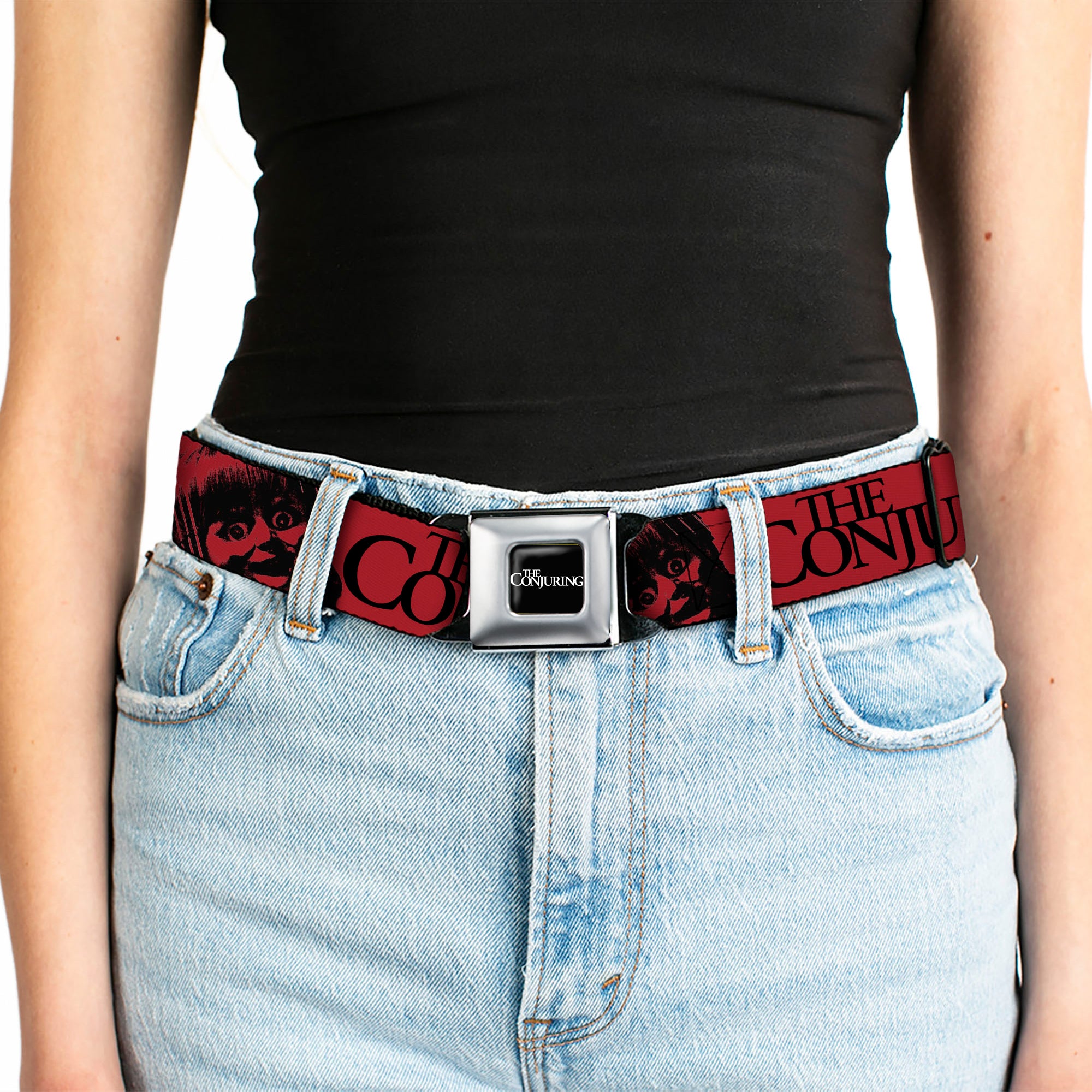 THE CONJURING Title Logo Full Color Black/White Seatbelt Belt - THE CONJURING EVIL LOVES INNOCENCE Annabelle Red/Black/White Webbing Seatbelt Belts The Conjuring