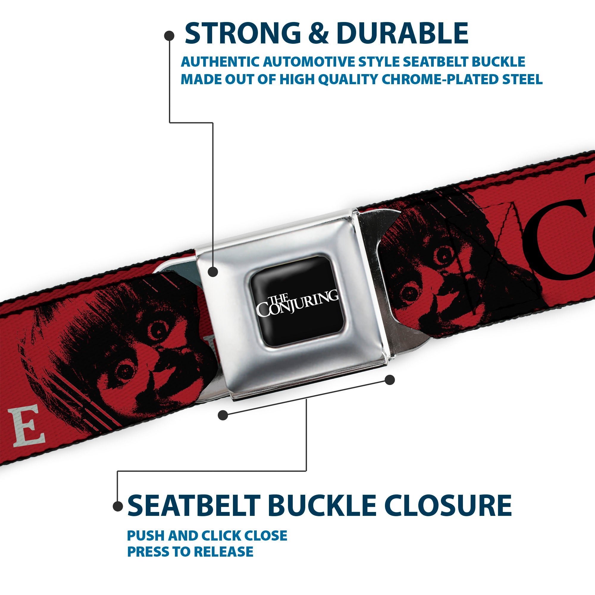 THE CONJURING Title Logo Full Color Black/White Seatbelt Belt - THE CONJURING EVIL LOVES INNOCENCE Annabelle Red/Black/White Webbing Seatbelt Belts The Conjuring