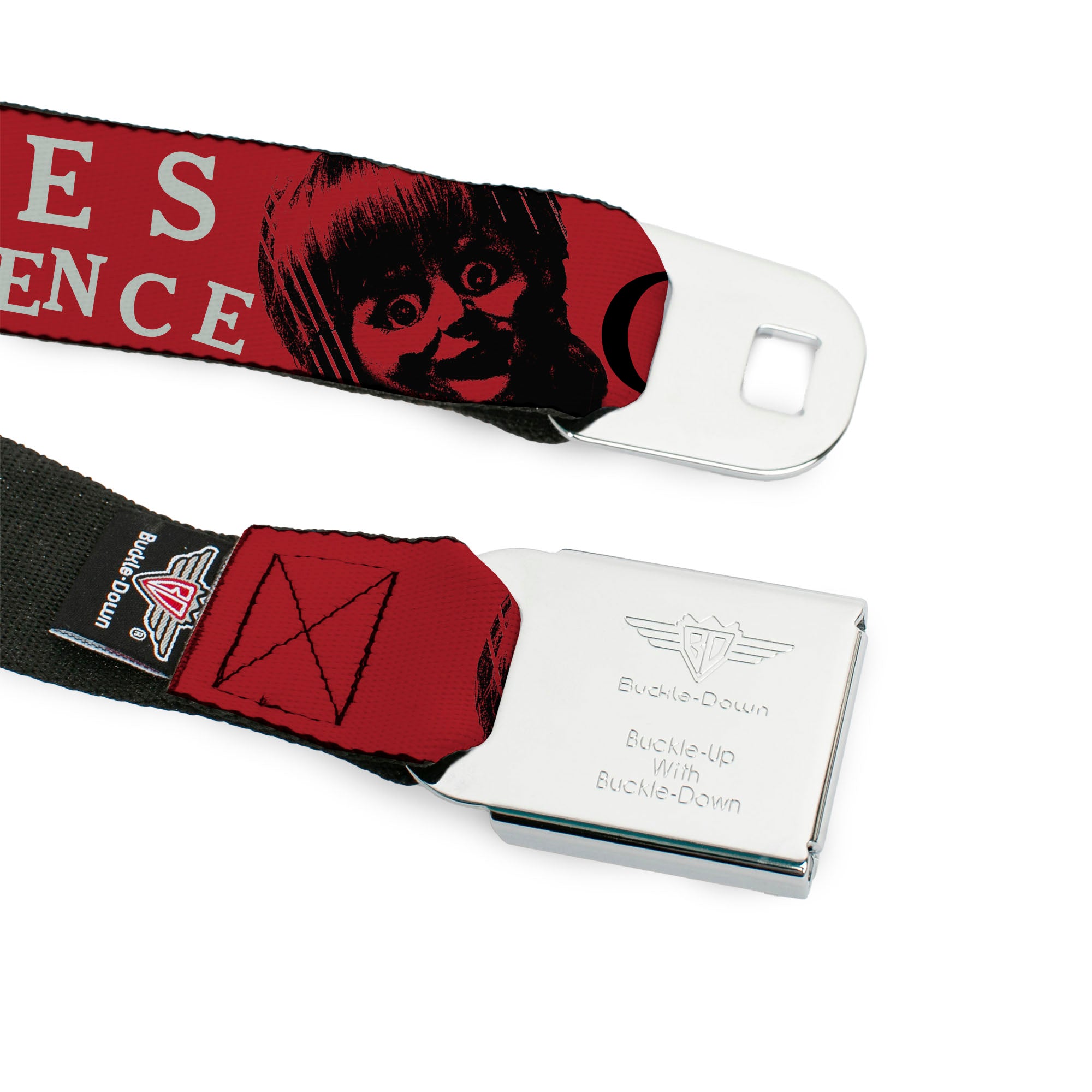 THE CONJURING Title Logo Full Color Black/White Seatbelt Belt - THE CONJURING EVIL LOVES INNOCENCE Annabelle Red/Black/White Webbing Seatbelt Belts The Conjuring