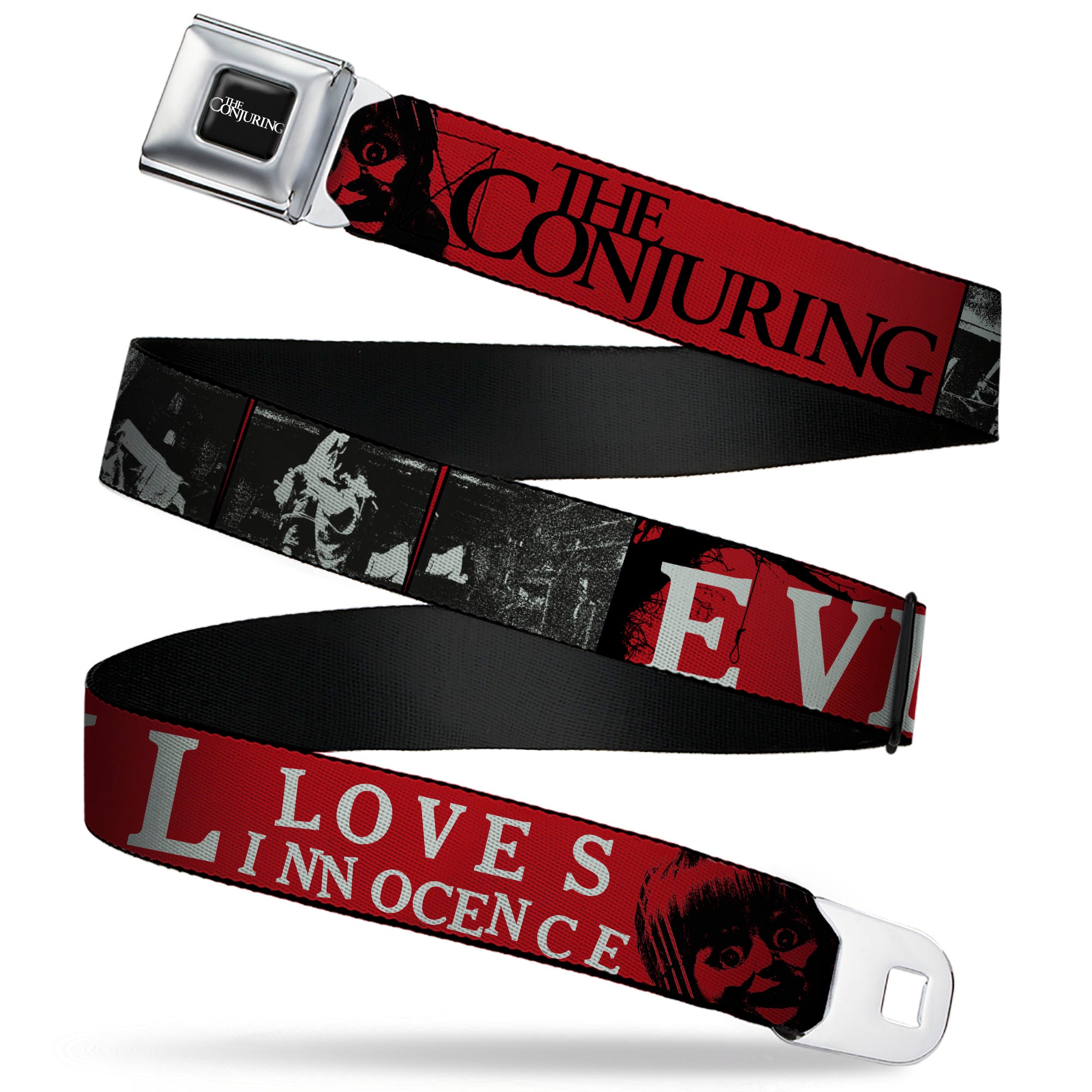 THE CONJURING Title Logo Full Color Black/White Seatbelt Belt - THE CONJURING EVIL LOVES INNOCENCE Annabelle Red/Black/White Webbing Seatbelt Belts The Conjuring