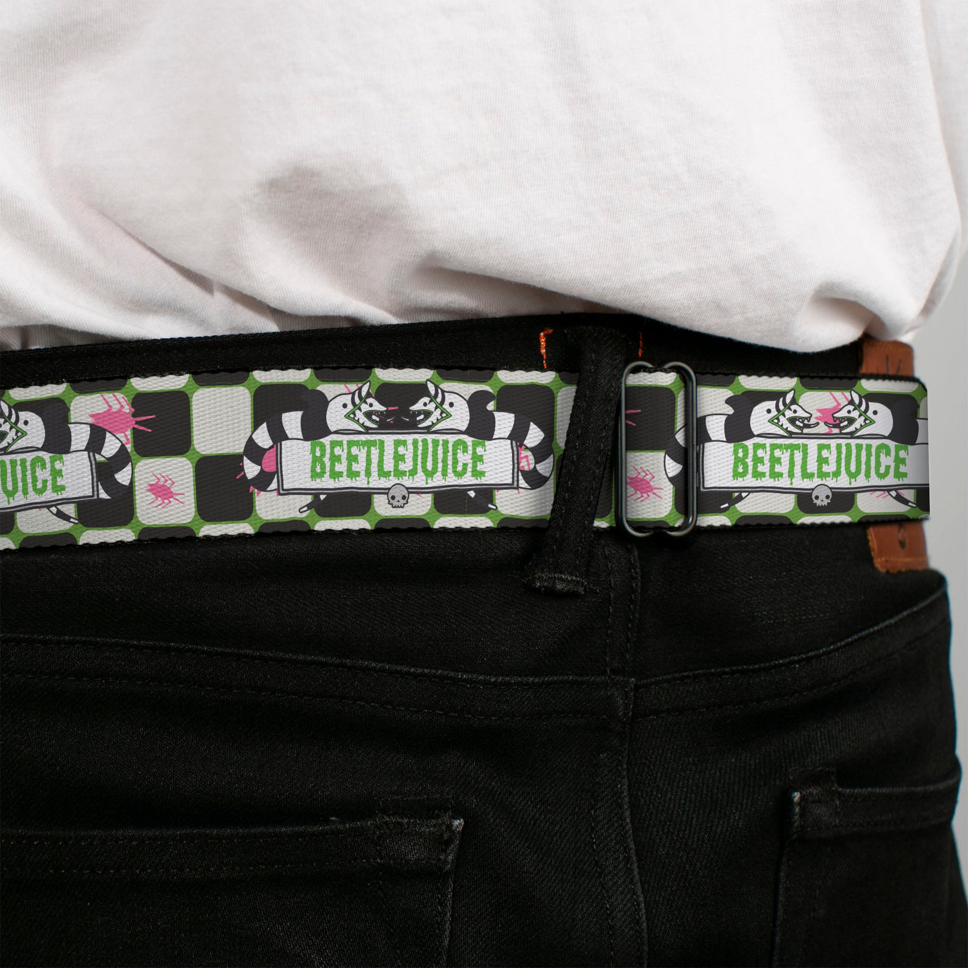 BEETLEJUICE Title Logo Full Color Black/Yellow Seatbelt Belt - BEETLEJUICE Sandworms with Spiders and Title Logo Green/White/Black Webbing Seatbelt Belts Beetlejuice