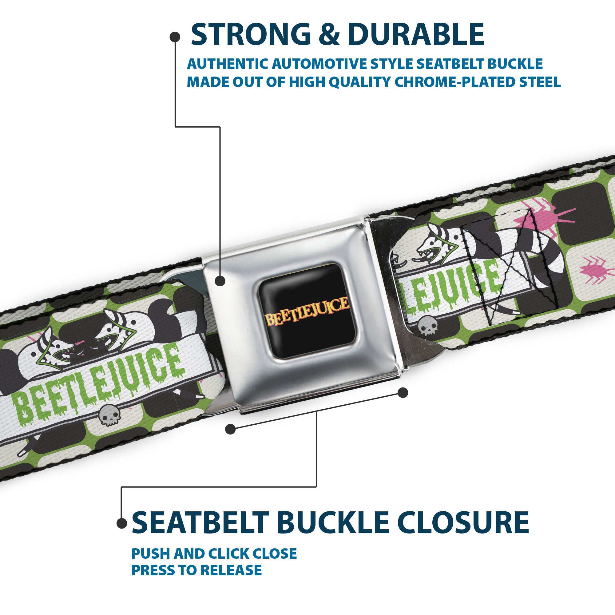 BEETLEJUICE Title Logo Full Color Black/Yellow Seatbelt Belt - BEETLEJUICE Sandworms with Spiders and Title Logo Green/White/Black Webbing Seatbelt Belts Beetlejuice