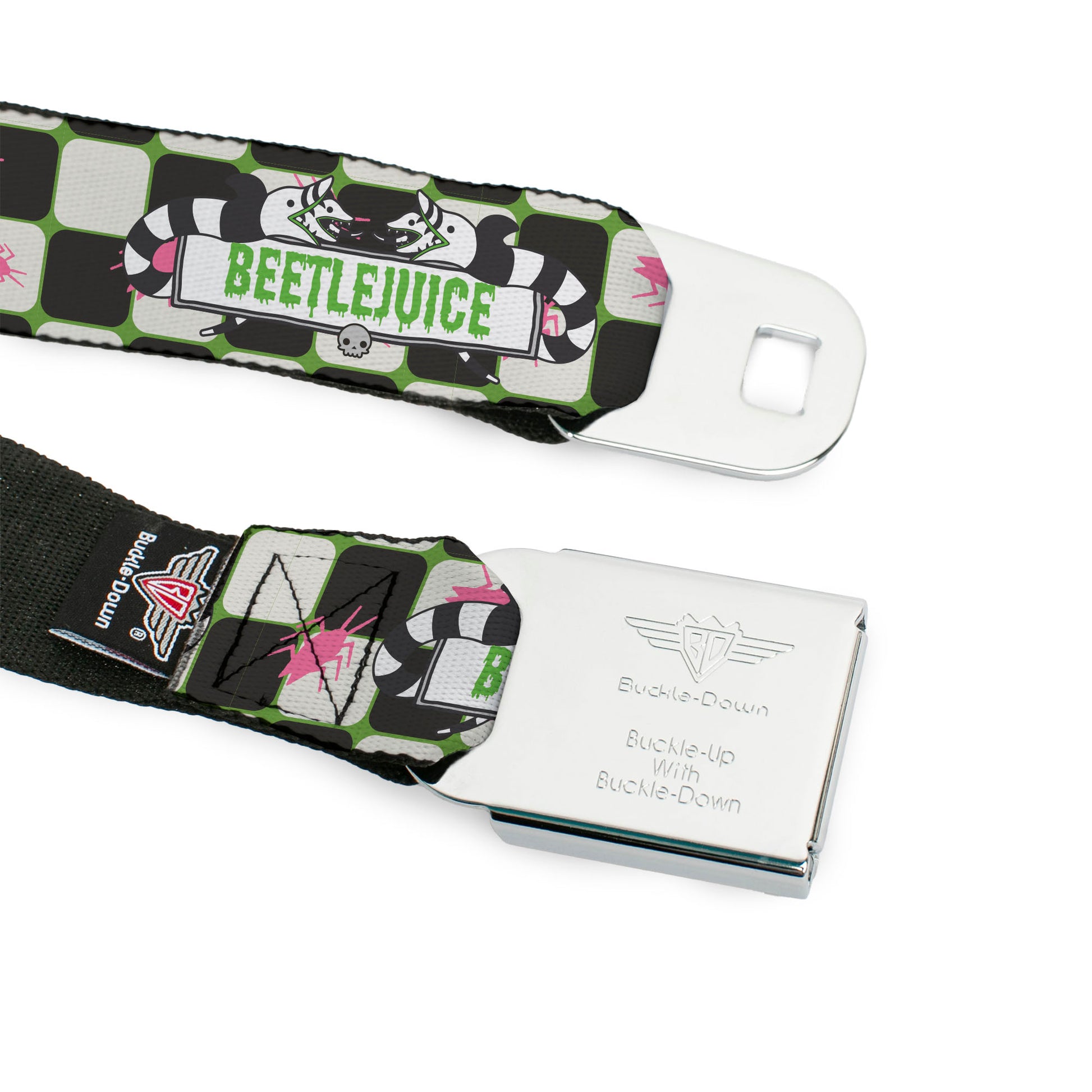 BEETLEJUICE Title Logo Full Color Black/Yellow Seatbelt Belt - BEETLEJUICE Sandworms with Spiders and Title Logo Green/White/Black Webbing Seatbelt Belts Beetlejuice