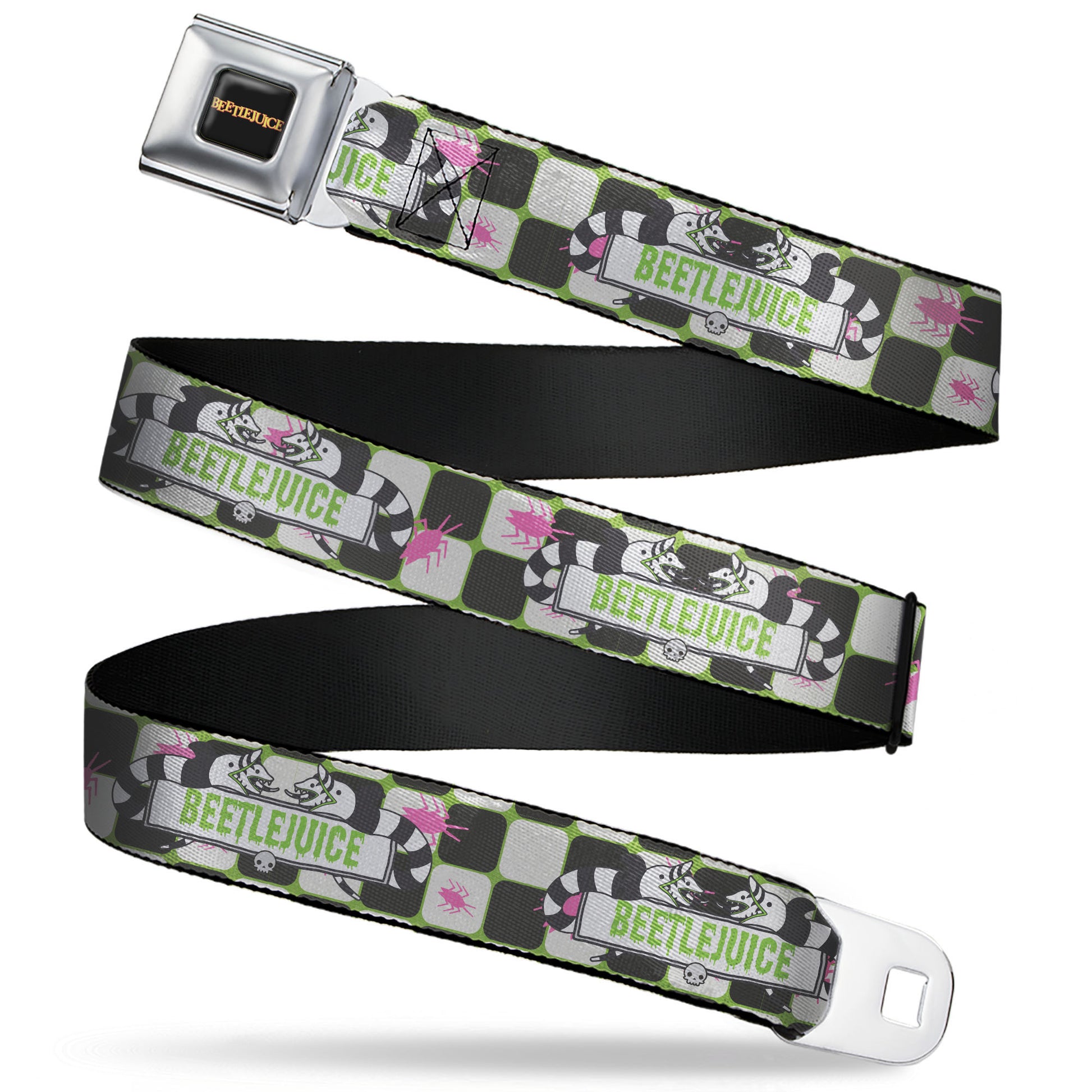 BEETLEJUICE Title Logo Full Color Black/Yellow Seatbelt Belt - BEETLEJUICE Sandworms with Spiders and Title Logo Green/White/Black Webbing Seatbelt Belts Beetlejuice