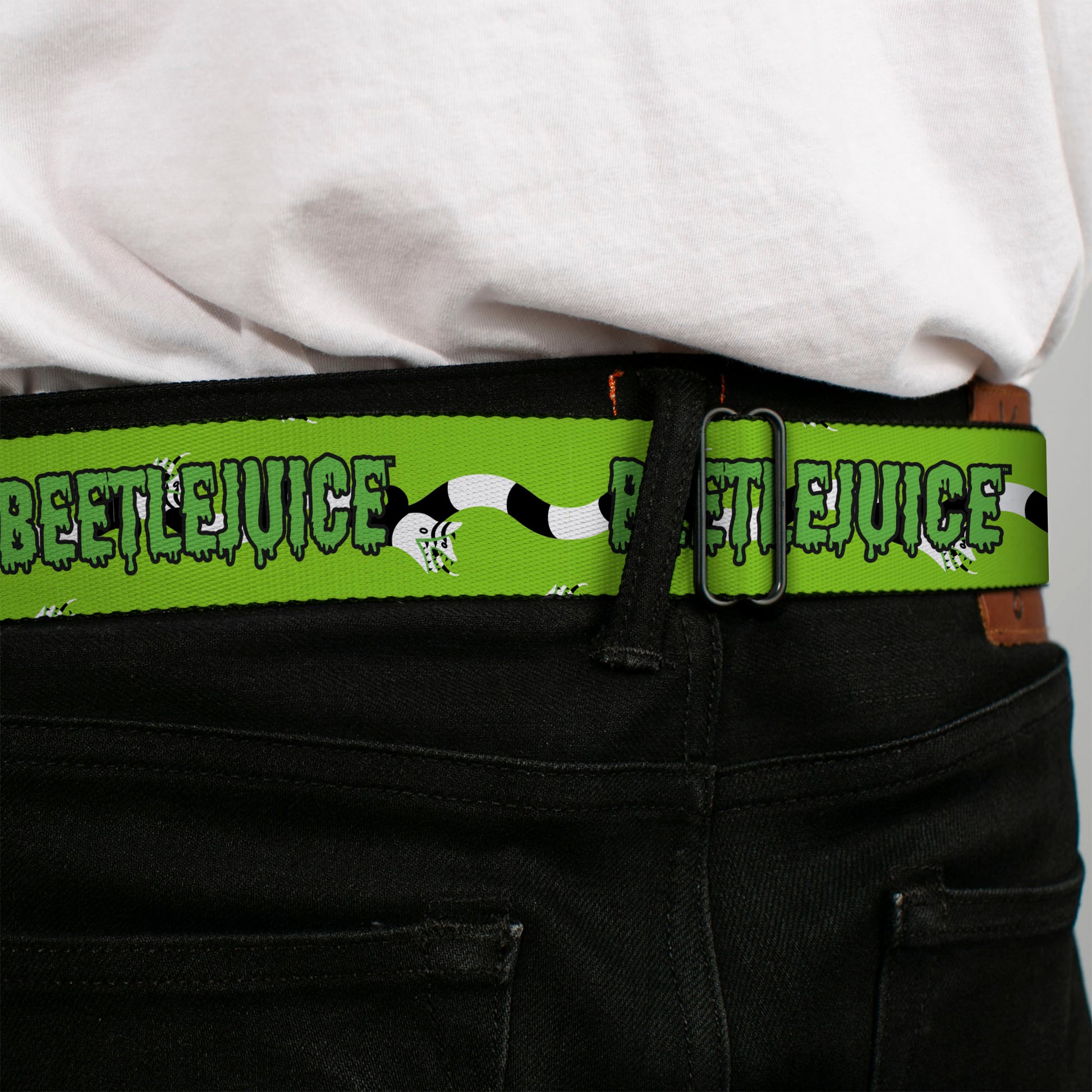 BEETLEJUICE Title Logo Full Color Black/Yellow Seatbelt Belt - BEETLEJUICE Slime Title and Sandworms Green/Black/White Webbing Seatbelt Belts Beetlejuice