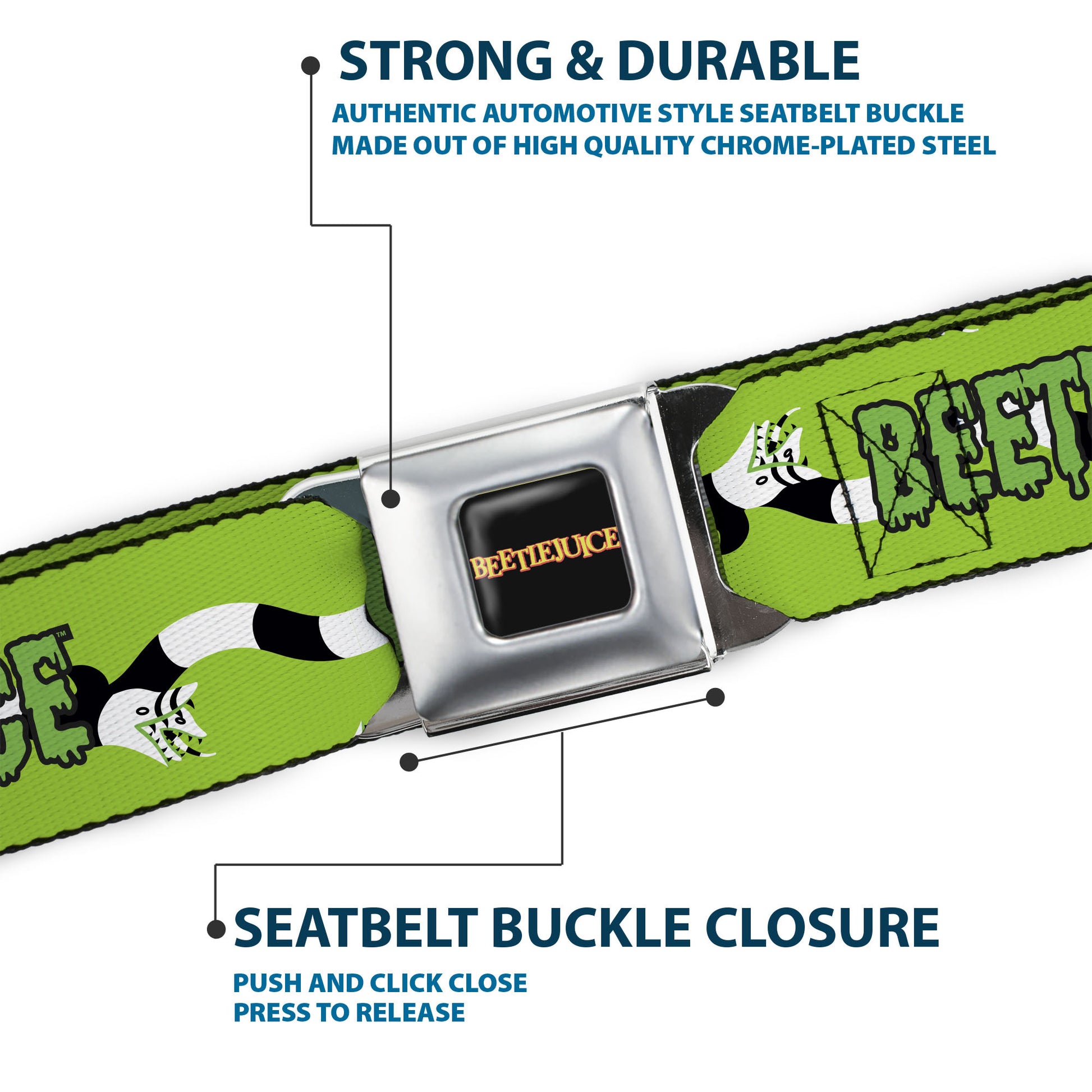 BEETLEJUICE Title Logo Full Color Black/Yellow Seatbelt Belt - BEETLEJUICE Slime Title and Sandworms Green/Black/White Webbing Seatbelt Belts Beetlejuice