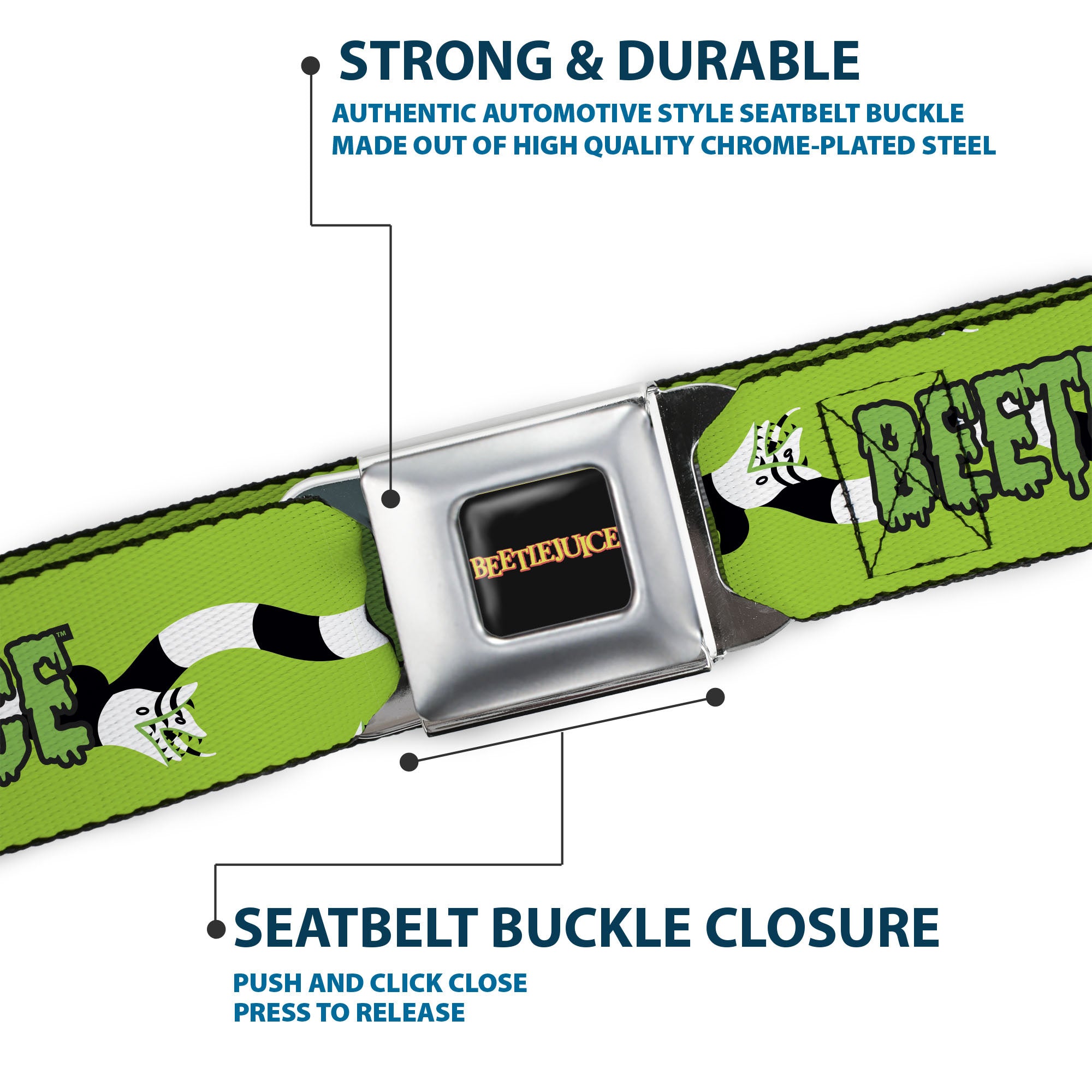 BEETLEJUICE Title Logo Full Color Black/Yellow Seatbelt Belt - BEETLEJUICE Slime Title and Sandworms Green/Black/White Webbing Seatbelt Belts Beetlejuice