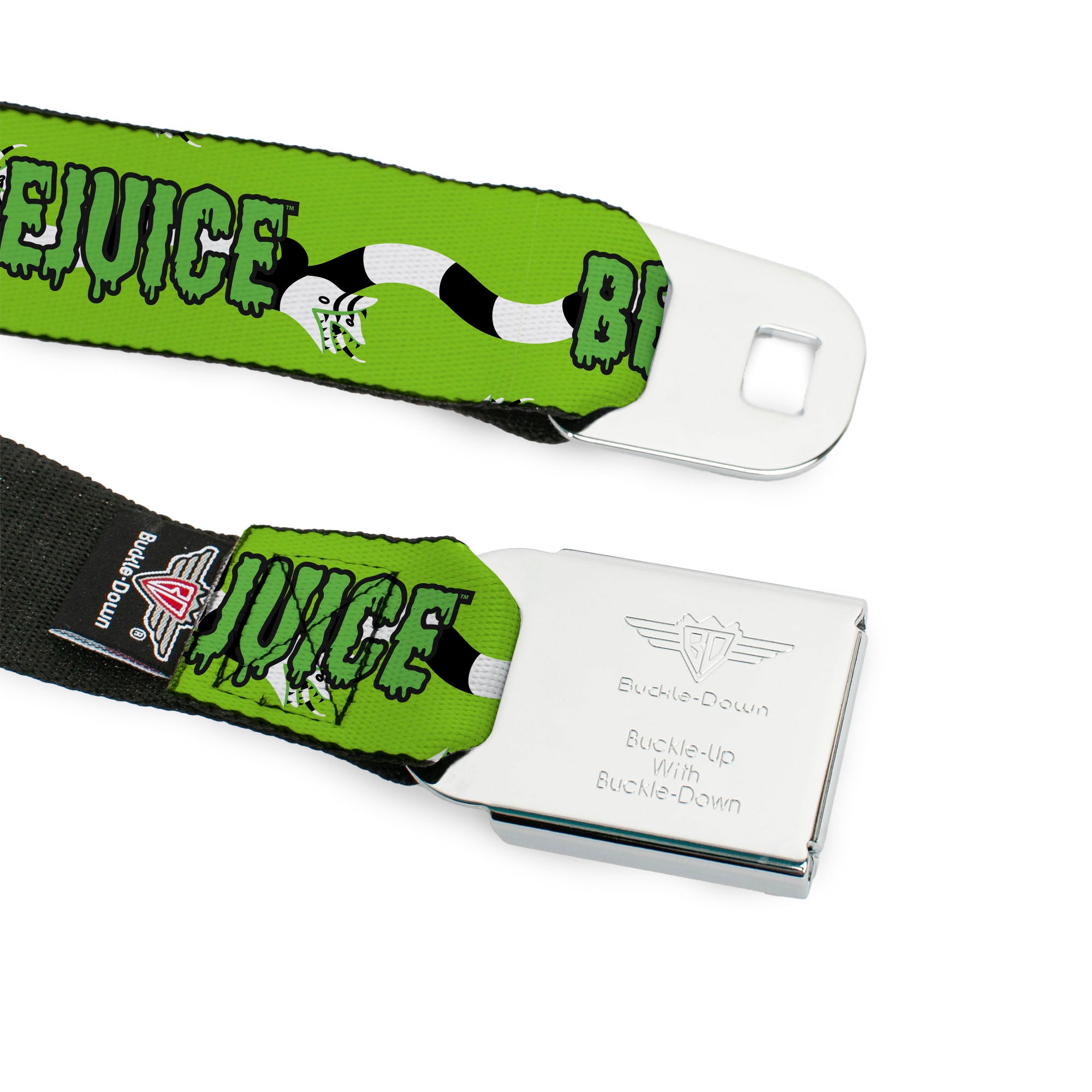 BEETLEJUICE Title Logo Full Color Black/Yellow Seatbelt Belt - BEETLEJUICE Slime Title and Sandworms Green/Black/White Webbing Seatbelt Belts Beetlejuice