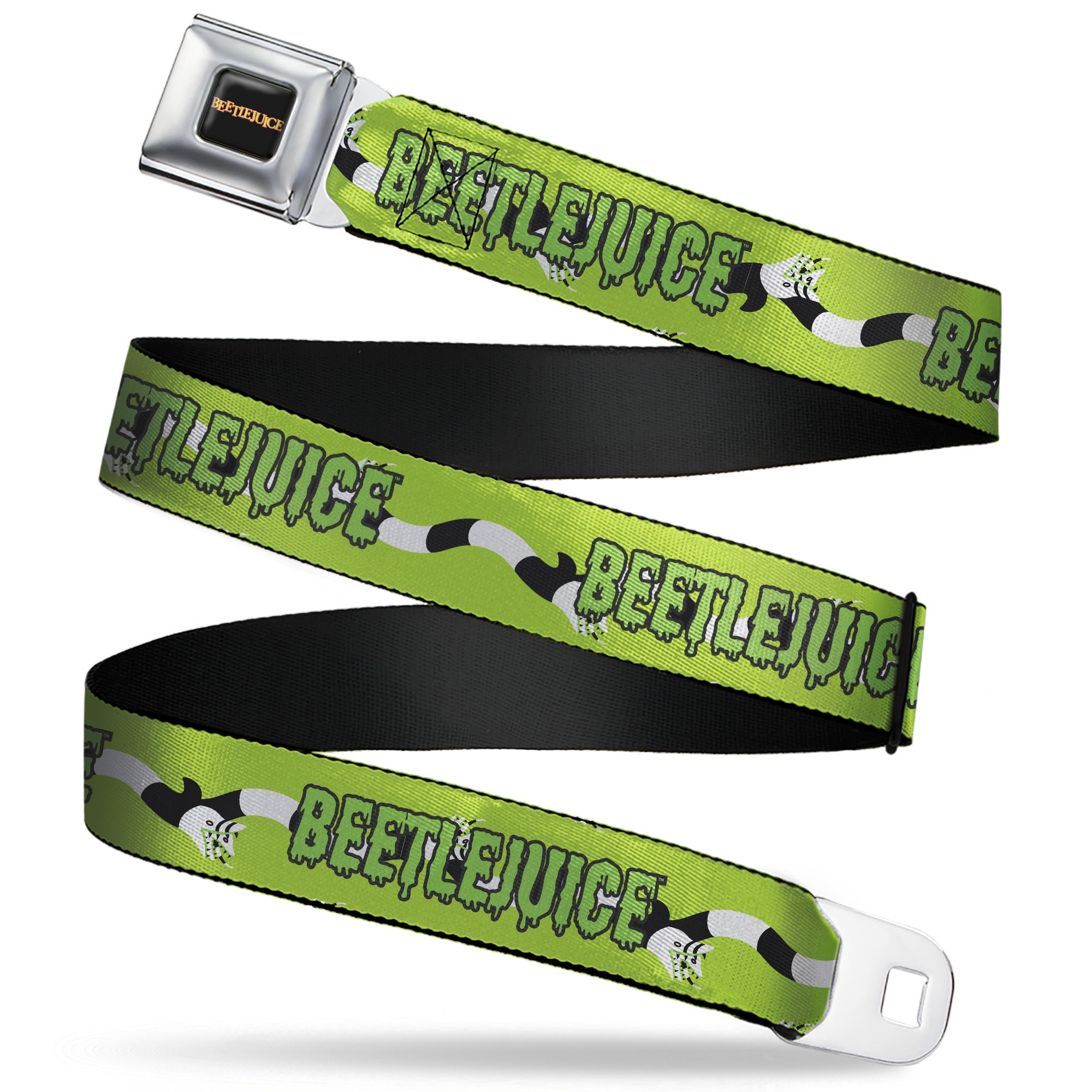 BEETLEJUICE Title Logo Full Color Black/Yellow Seatbelt Belt - BEETLEJUICE Slime Title and Sandworms Green/Black/White Webbing Seatbelt Belts Beetlejuice