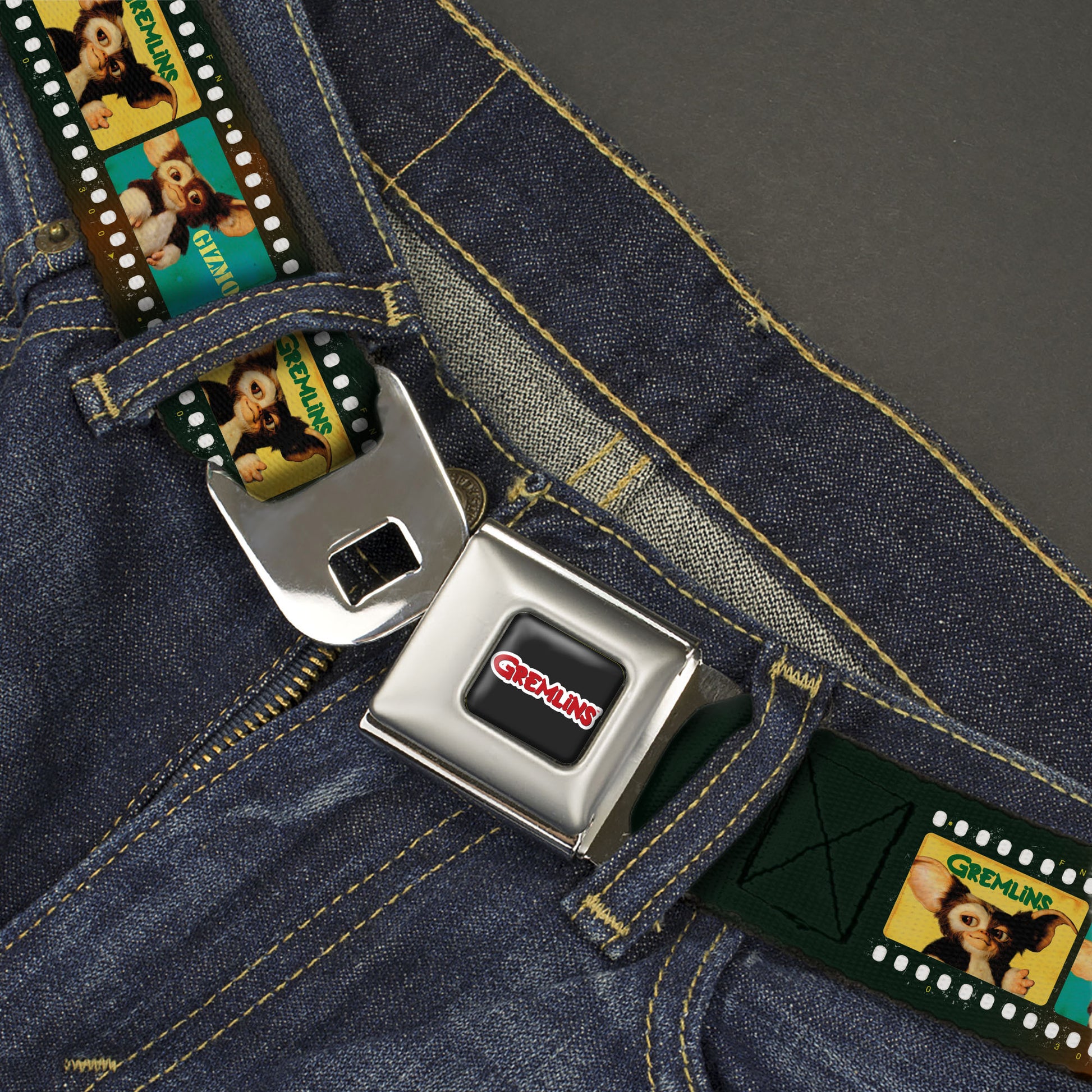 GREMLINS Title Logo Full Color Black/White/Red Seatbelt Belt - Gremlins GIZMO Film Strip Pose Blocks Webbing Seatbelt Belts Gremlins