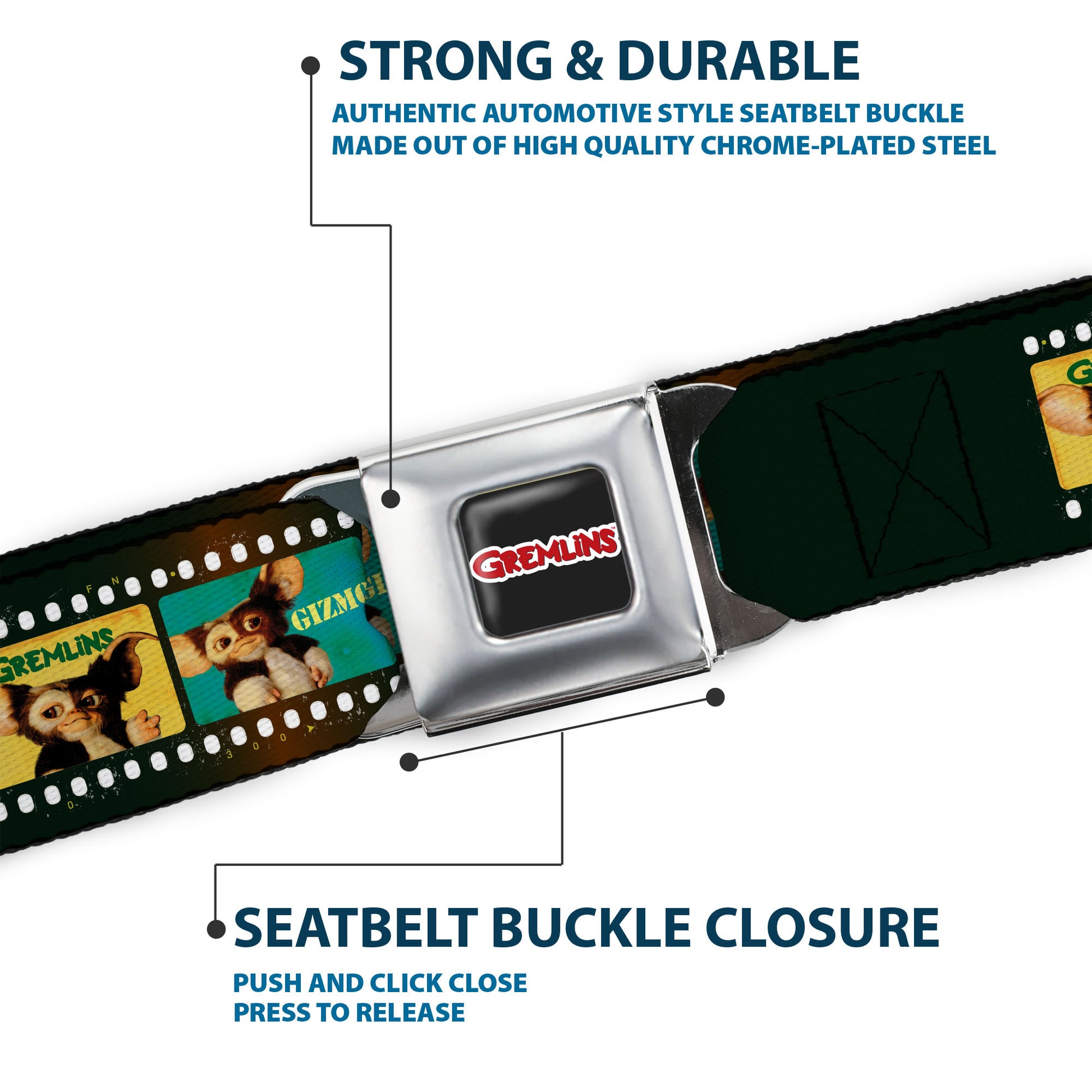 GREMLINS Title Logo Full Color Black/White/Red Seatbelt Belt - Gremlins GIZMO Film Strip Pose Blocks Webbing Seatbelt Belts Gremlins