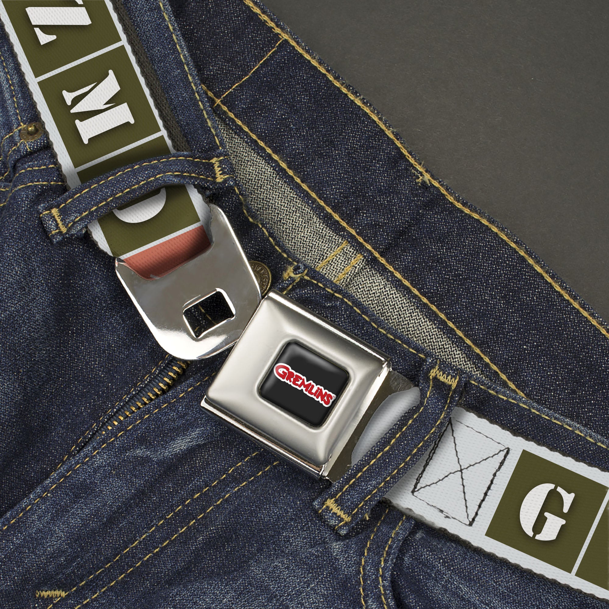 GREMLINS Title Logo Full Color Black/White/Red Seatbelt Belt - Gremlins GIZMO Text and Pose Blocks White/Multi Color Webbing Seatbelt Belts Gremlins