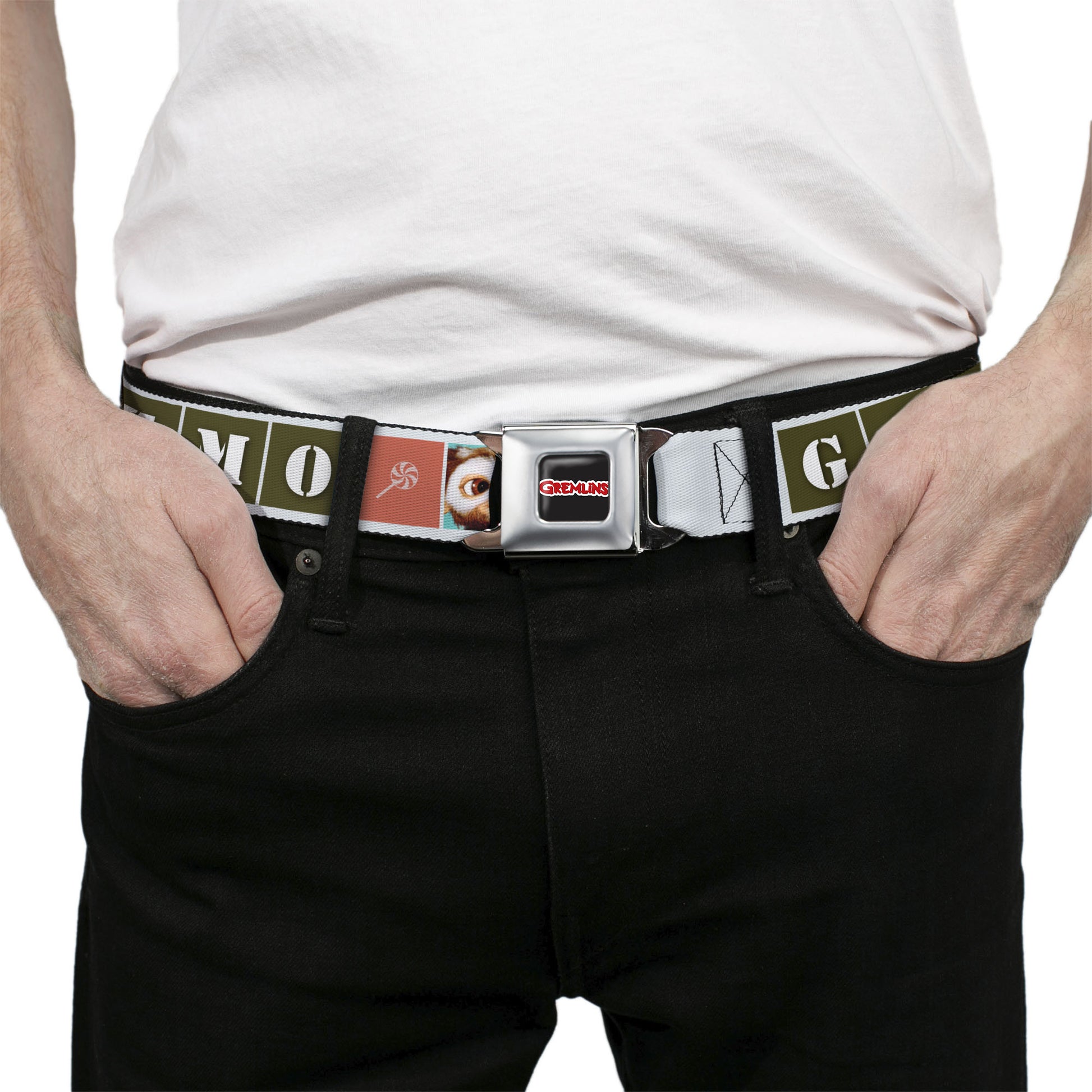 GREMLINS Title Logo Full Color Black/White/Red Seatbelt Belt - Gremlins GIZMO Text and Pose Blocks White/Multi Color Webbing Seatbelt Belts Gremlins