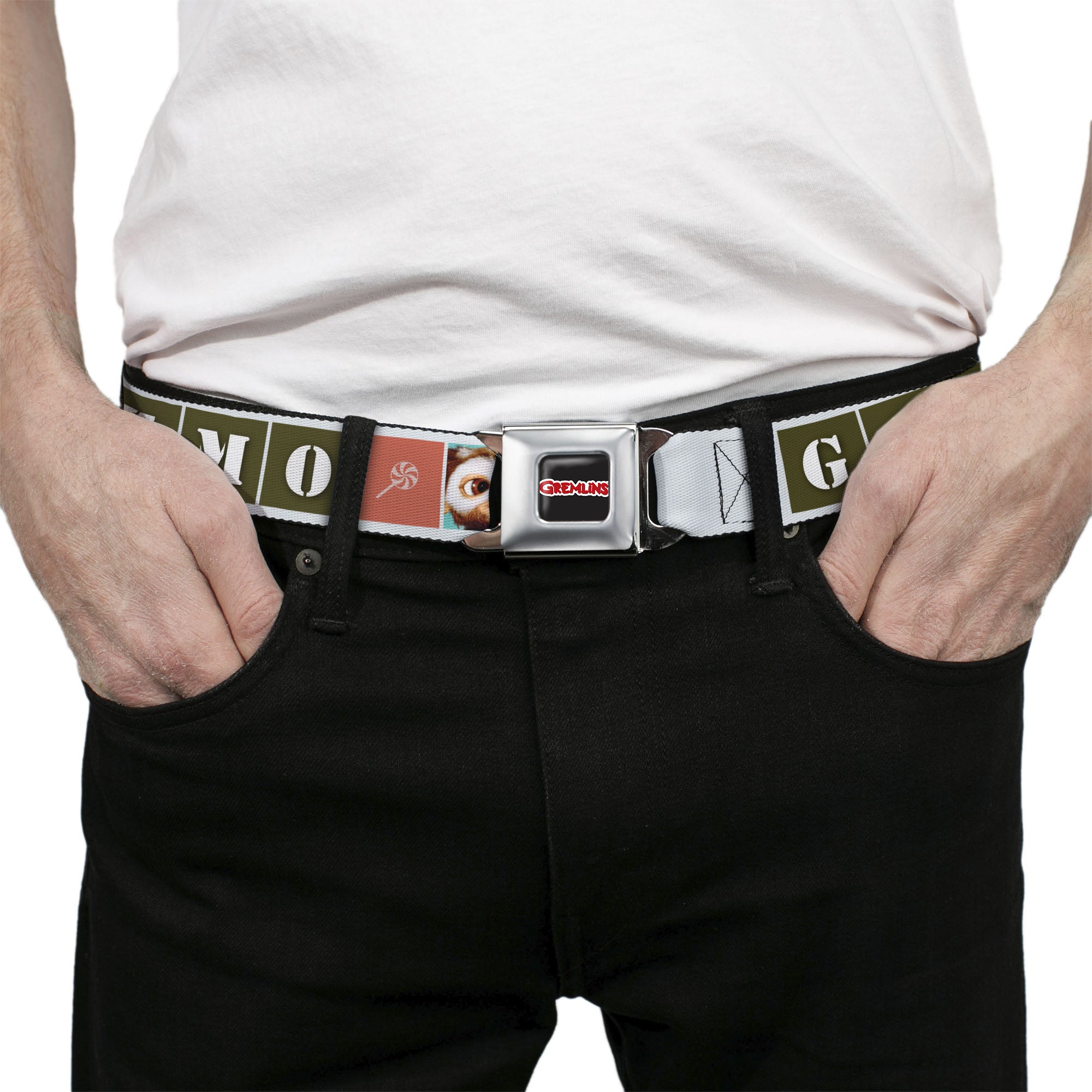 GREMLINS Title Logo Full Color Black/White/Red Seatbelt Belt - Gremlins GIZMO Text and Pose Blocks White/Multi Color Webbing Seatbelt Belts Gremlins