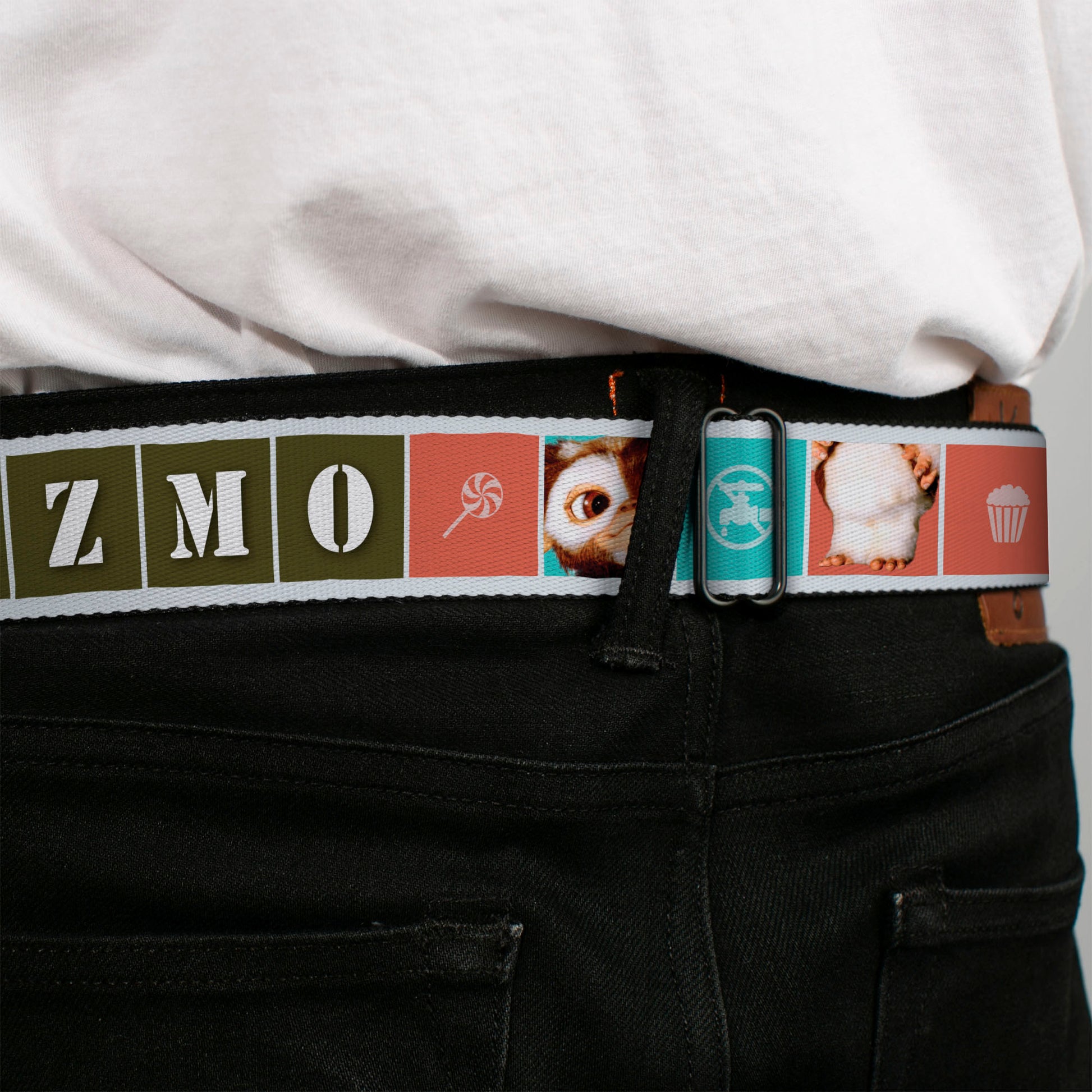 GREMLINS Title Logo Full Color Black/White/Red Seatbelt Belt - Gremlins GIZMO Text and Pose Blocks White/Multi Color Webbing Seatbelt Belts Gremlins