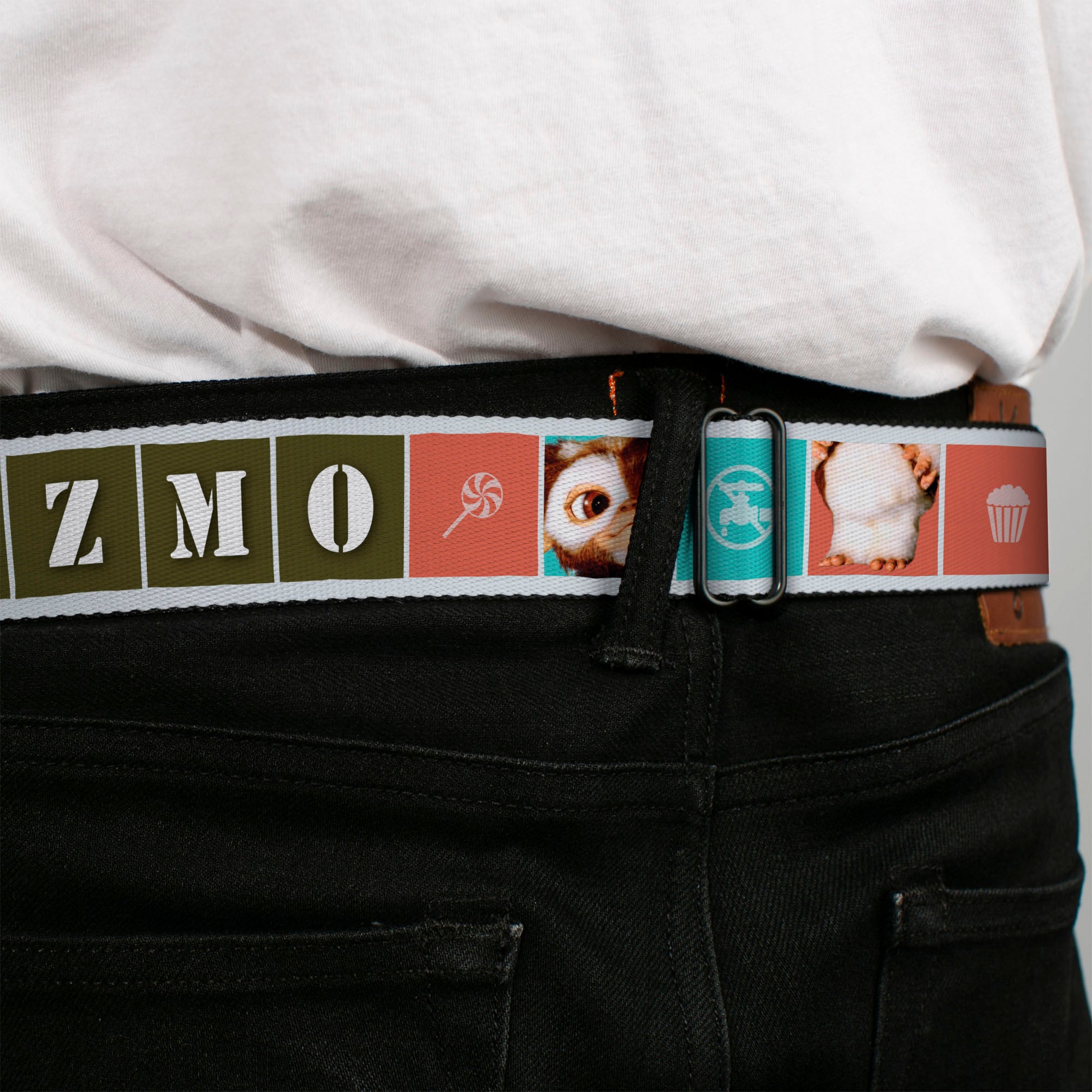GREMLINS Title Logo Full Color Black/White/Red Seatbelt Belt - Gremlins GIZMO Text and Pose Blocks White/Multi Color Webbing Seatbelt Belts Gremlins