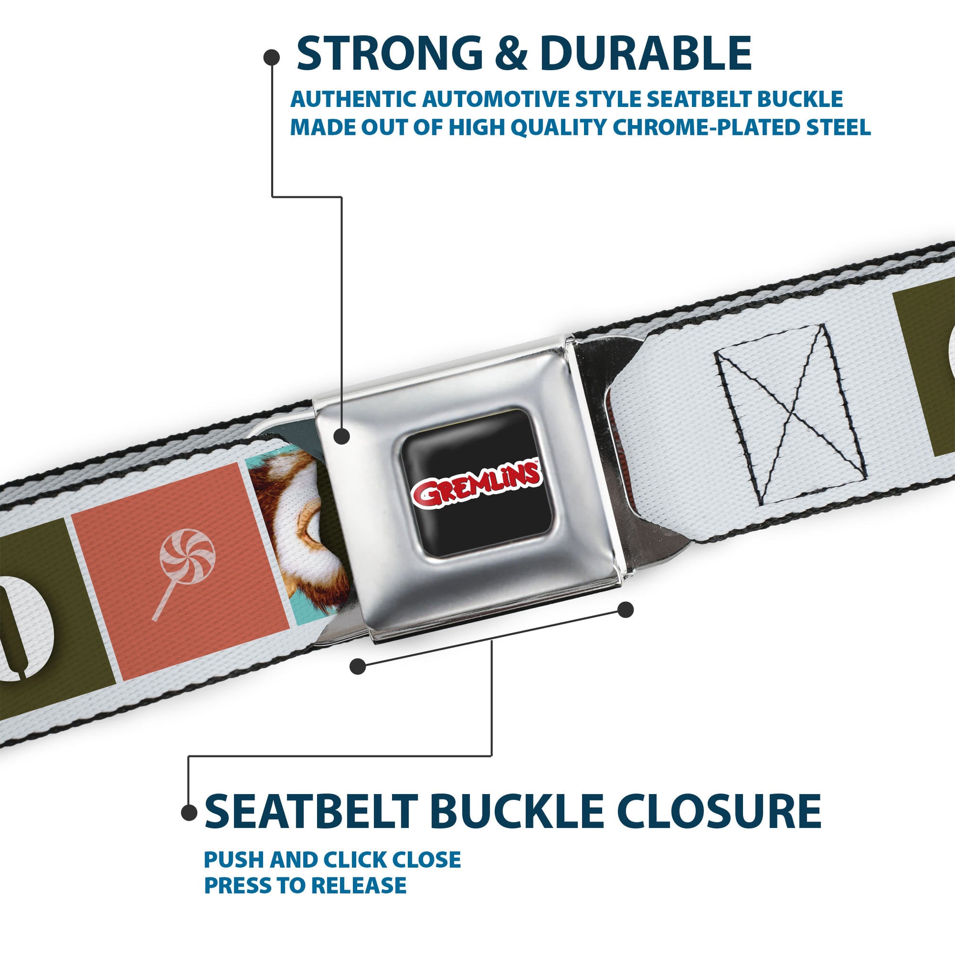 GREMLINS Title Logo Full Color Black/White/Red Seatbelt Belt - Gremlins GIZMO Text and Pose Blocks White/Multi Color Webbing Seatbelt Belts Gremlins