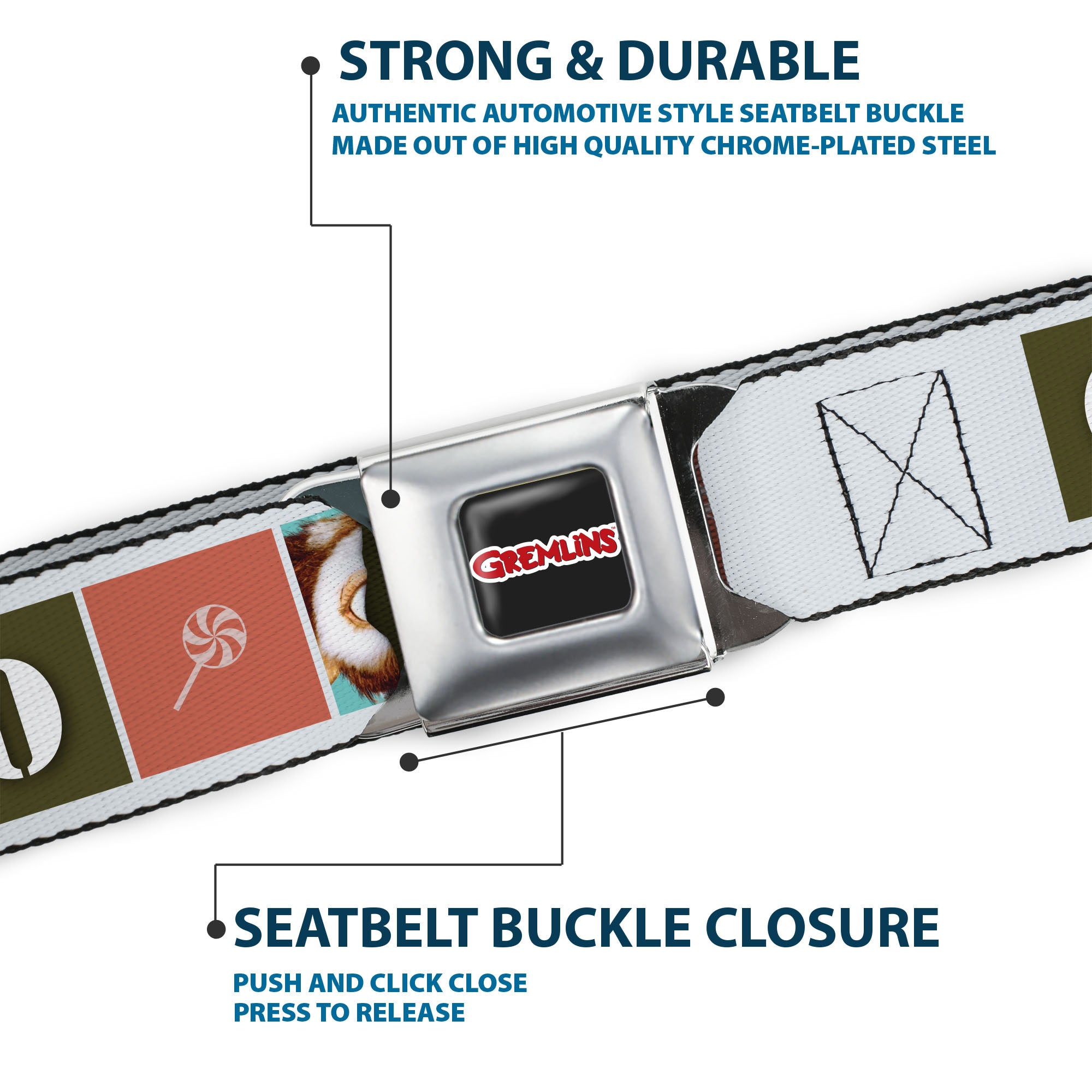 GREMLINS Title Logo Full Color Black/White/Red Seatbelt Belt - Gremlins GIZMO Text and Pose Blocks White/Multi Color Webbing Seatbelt Belts Gremlins