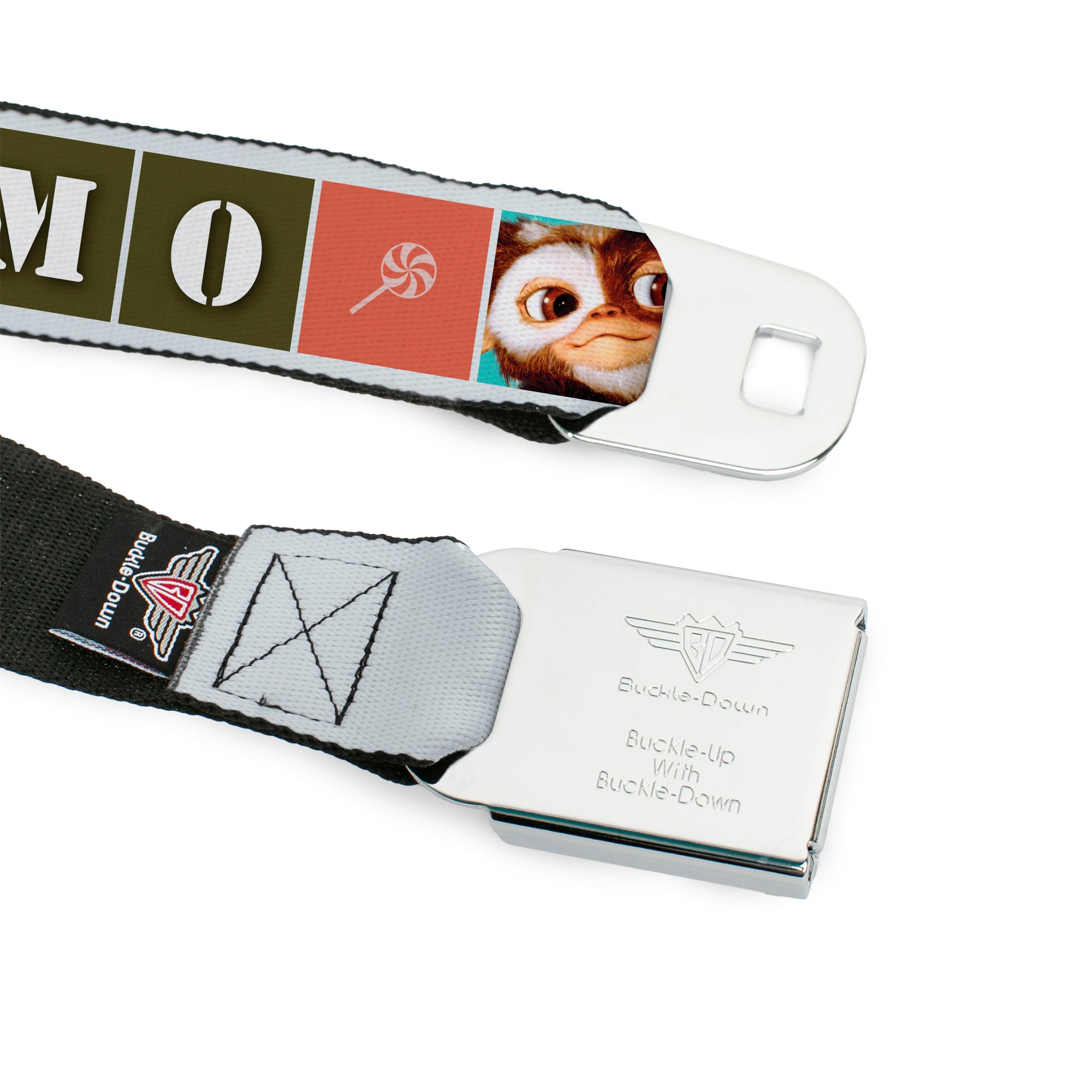 GREMLINS Title Logo Full Color Black/White/Red Seatbelt Belt - Gremlins GIZMO Text and Pose Blocks White/Multi Color Webbing Seatbelt Belts Gremlins
