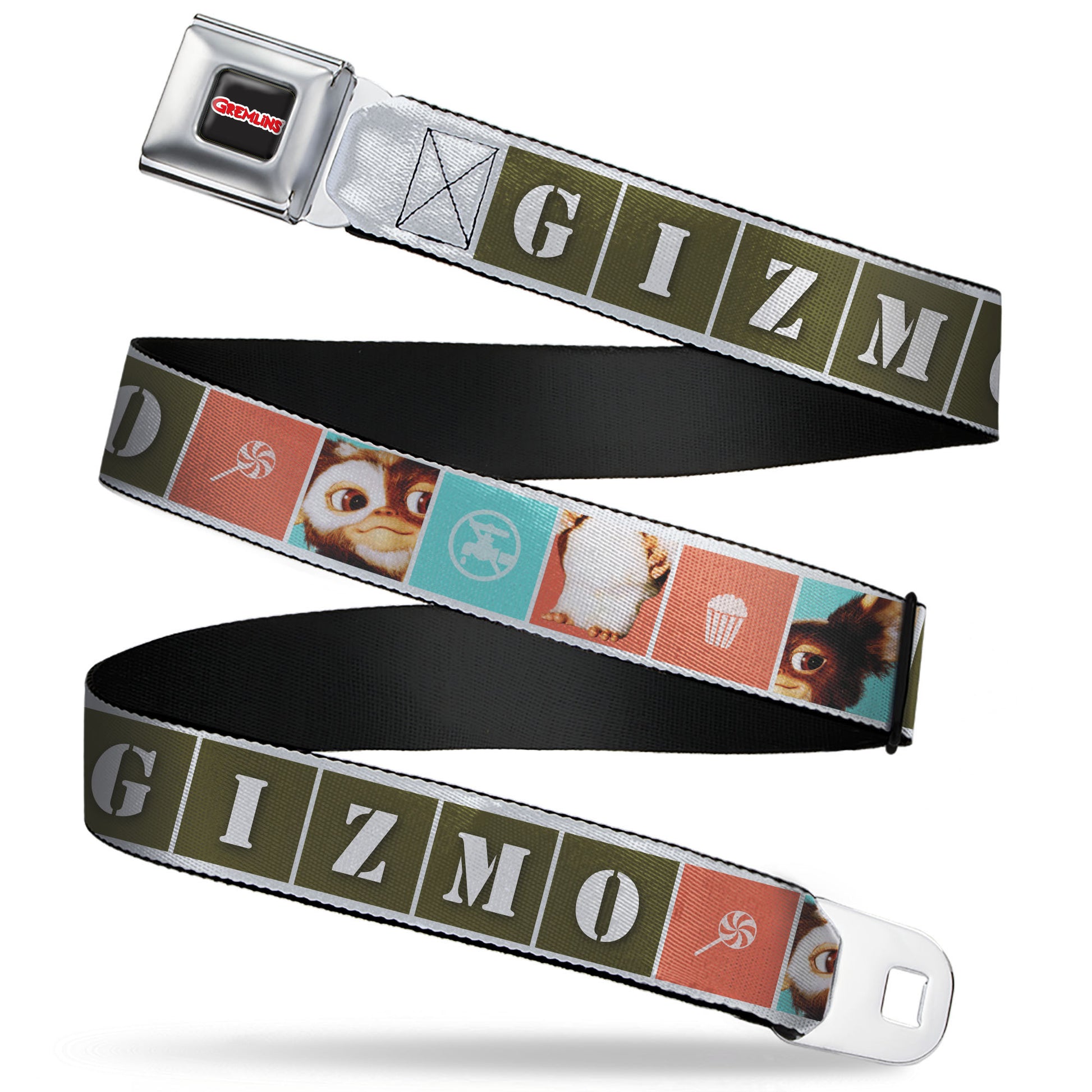 GREMLINS Title Logo Full Color Black/White/Red Seatbelt Belt - Gremlins GIZMO Text and Pose Blocks White/Multi Color Webbing Seatbelt Belts Gremlins