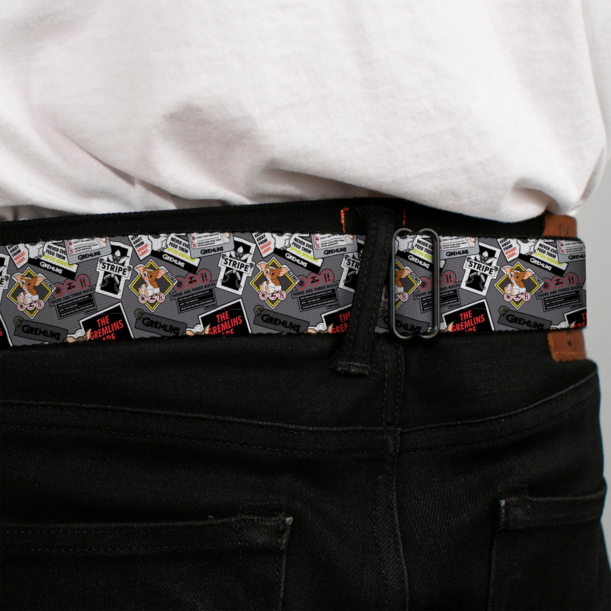 GREMLINS Title Logo Full Color Black/White/Red Seatbelt Belt - Gremlins Gizmo Pose and Rules Collage Gray Webbing Seatbelt Belts Gremlins
