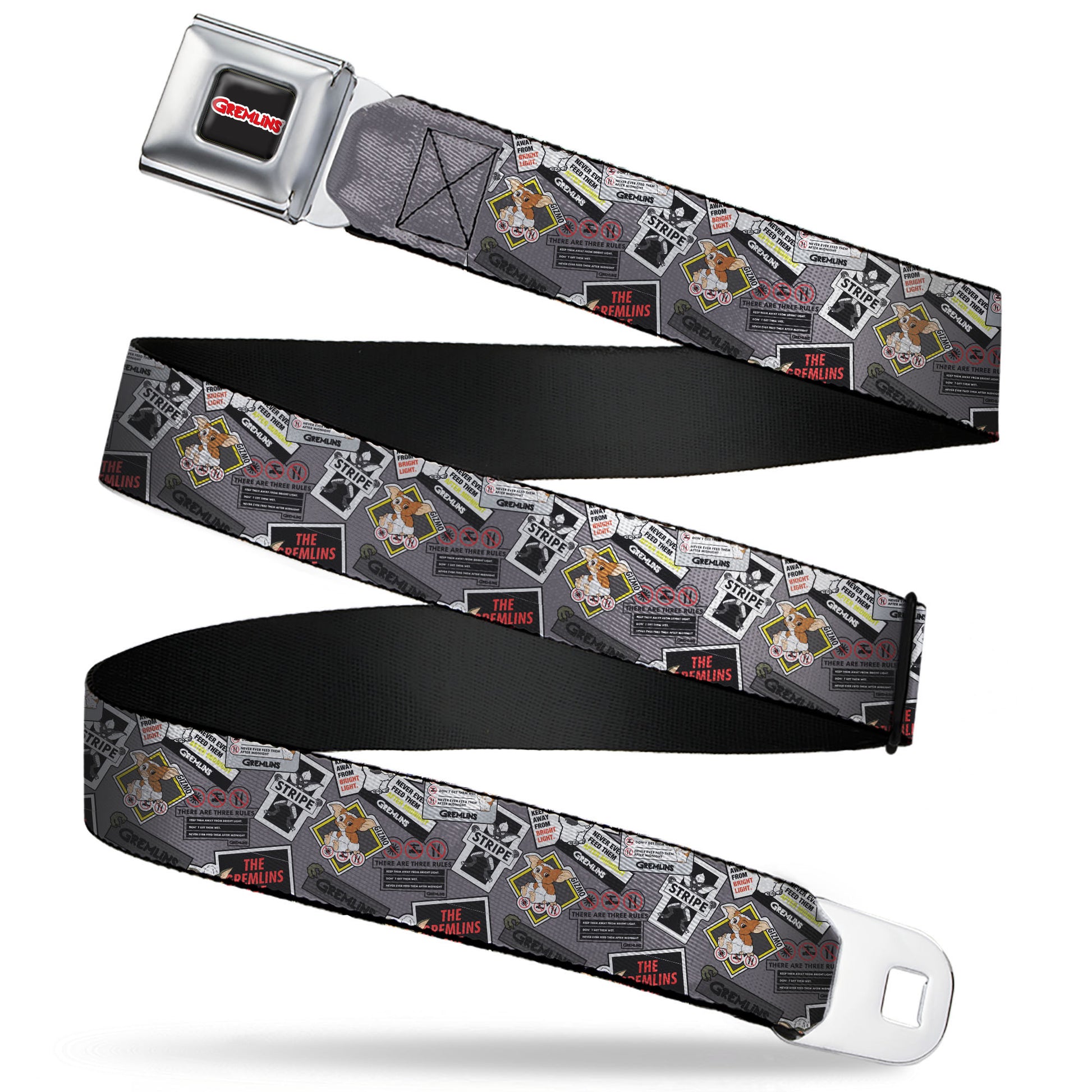 GREMLINS Title Logo Full Color Black/White/Red Seatbelt Belt - Gremlins Gizmo Pose and Rules Collage Gray Webbing Seatbelt Belts Gremlins