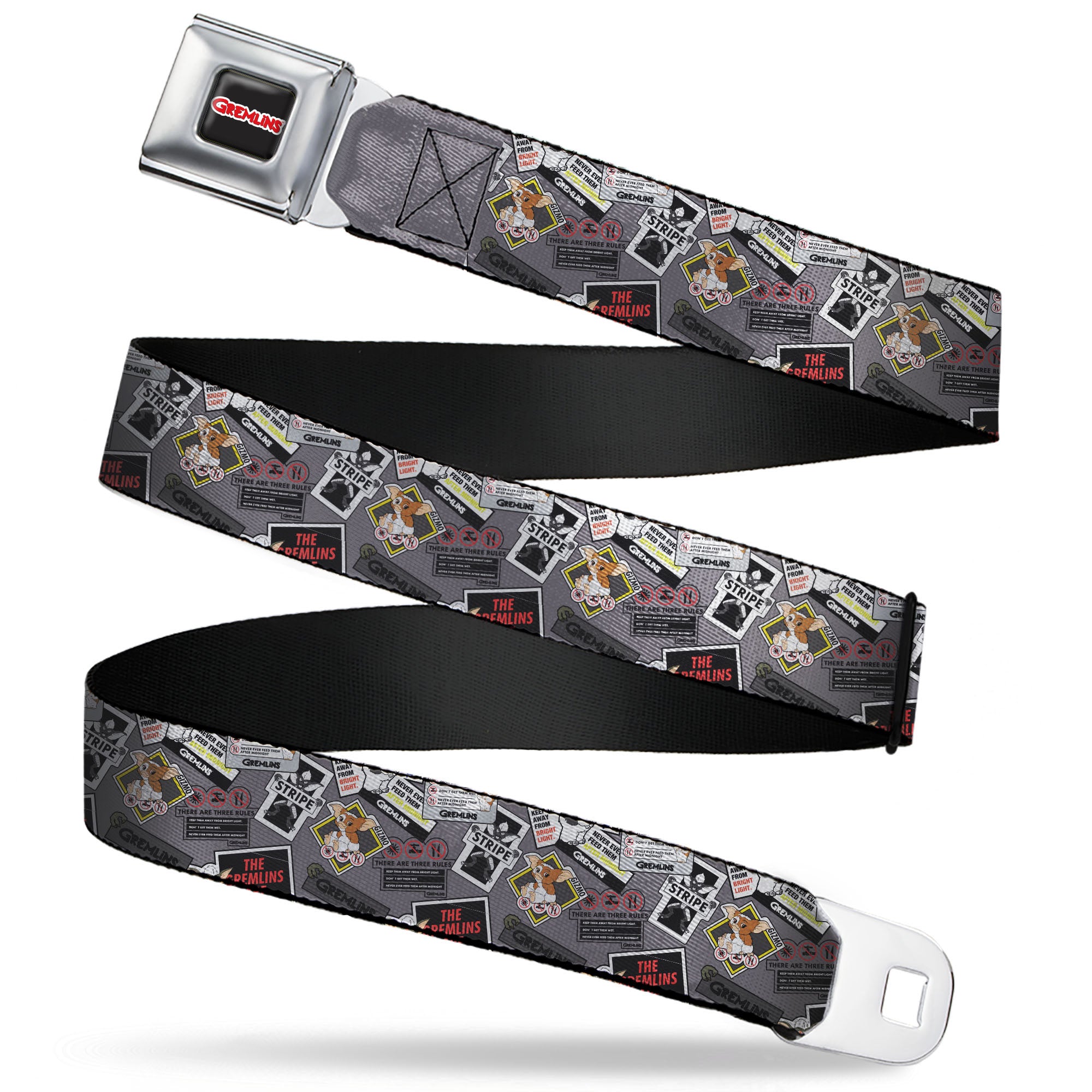GREMLINS Title Logo Full Color Black/White/Red Seatbelt Belt - Gremlins Gizmo Pose and Rules Collage Gray Webbing Seatbelt Belts Gremlins