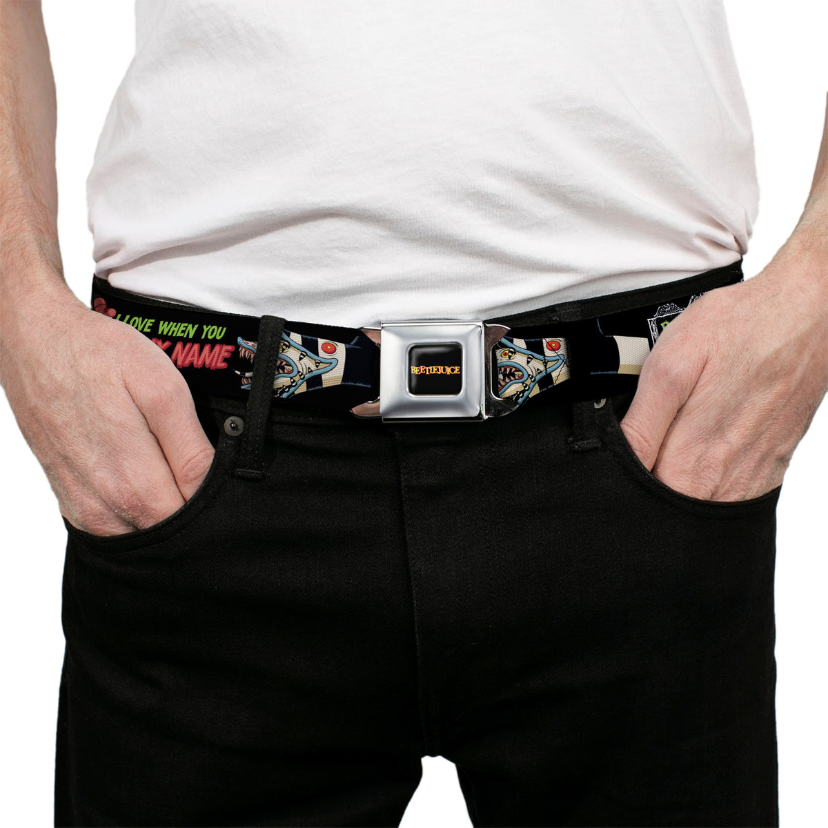 BEETLEJUICE Title Logo Full Color Black/Yellow Seatbelt Belt - BEETLEJUICE I LOVE WHEN YOU SAY MY NAME Poses and Sandworm Black Webbing Seatbelt Belts Beetlejuice