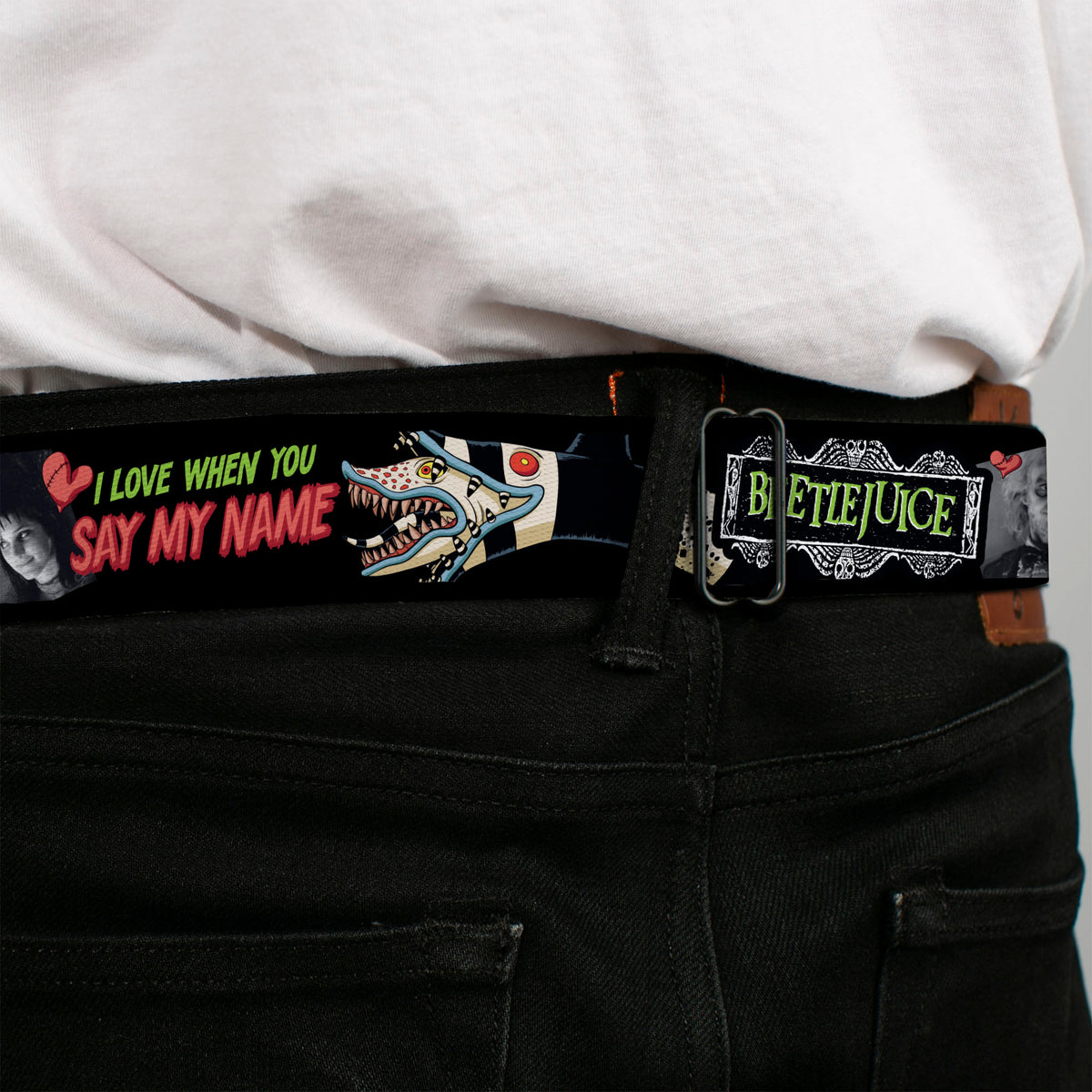 BEETLEJUICE Title Logo Full Color Black/Yellow Seatbelt Belt - BEETLEJUICE I LOVE WHEN YOU SAY MY NAME Poses and Sandworm Black Webbing Seatbelt Belts Beetlejuice