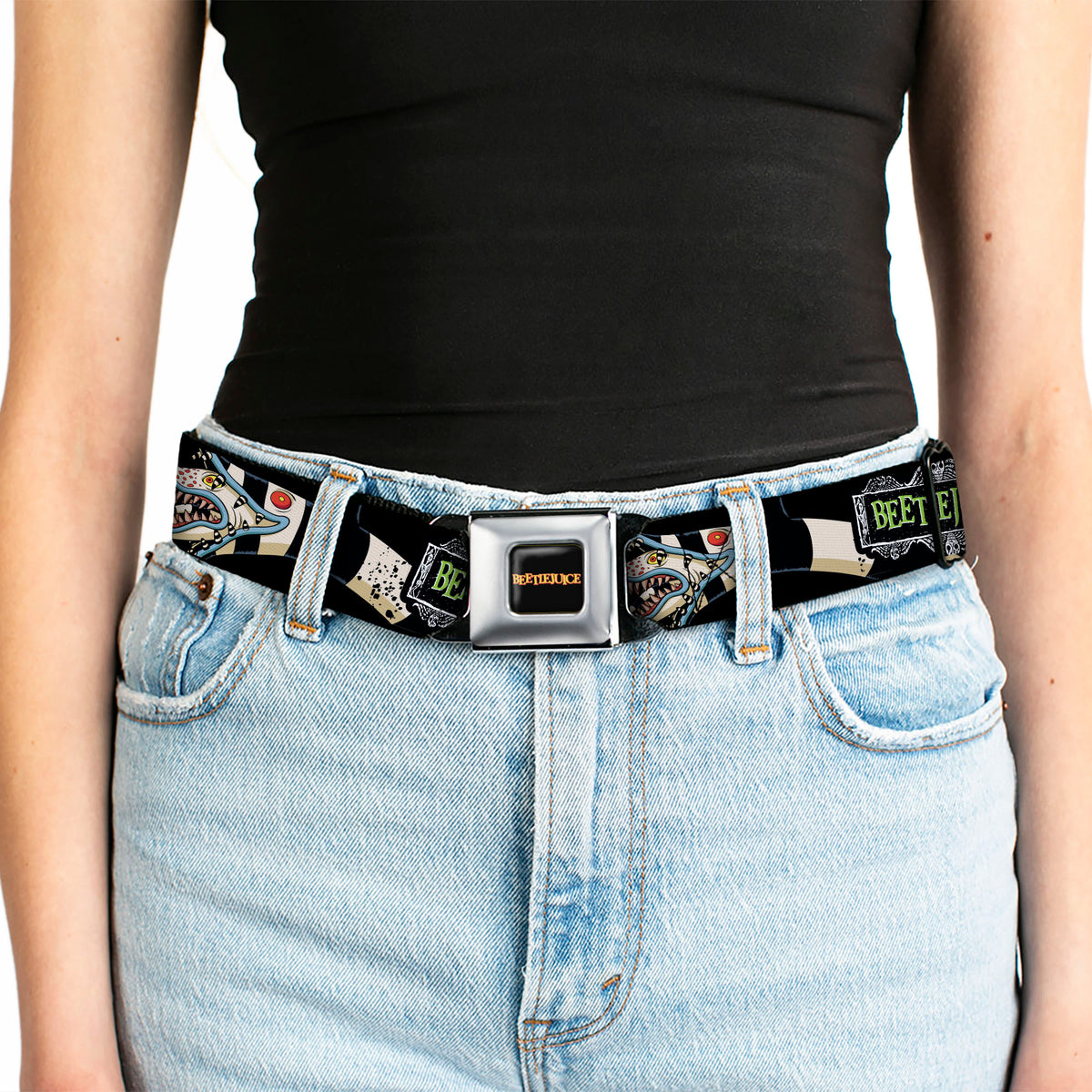 BEETLEJUICE Title Logo Full Color Black/Yellow Seatbelt Belt - BEETLEJUICE I LOVE WHEN YOU SAY MY NAME Poses and Sandworm Black Webbing Seatbelt Belts Beetlejuice