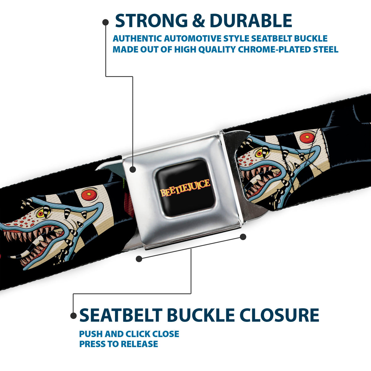 BEETLEJUICE Title Logo Full Color Black/Yellow Seatbelt Belt - BEETLEJUICE I LOVE WHEN YOU SAY MY NAME Poses and Sandworm Black Webbing Seatbelt Belts Beetlejuice