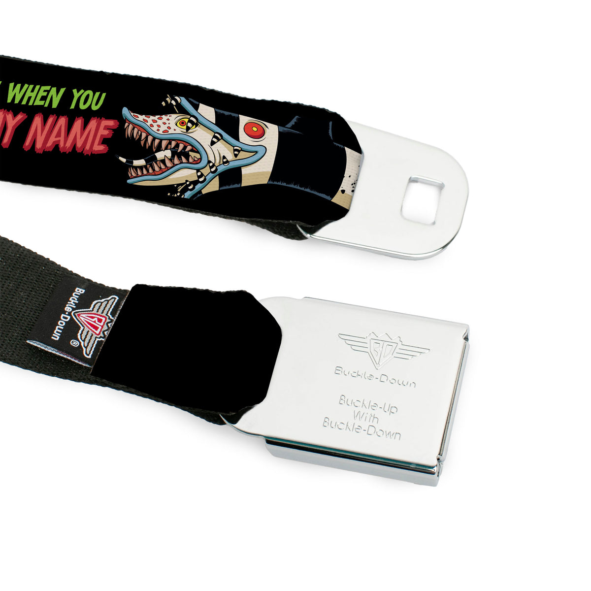 BEETLEJUICE Title Logo Full Color Black/Yellow Seatbelt Belt - BEETLEJUICE I LOVE WHEN YOU SAY MY NAME Poses and Sandworm Black Webbing Seatbelt Belts Beetlejuice